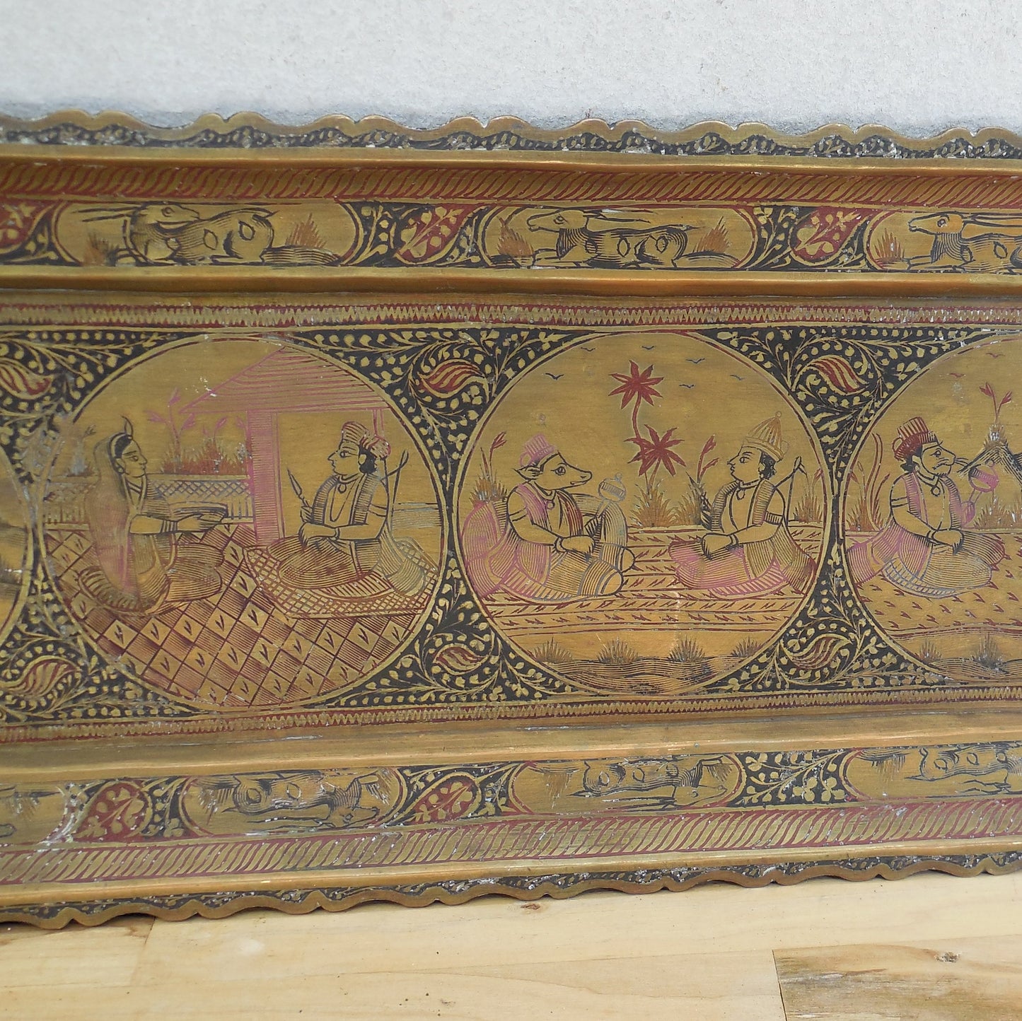  Vtg. Indo-Persian Long Brass Serving Tray Woman Man Deer Masks vintage