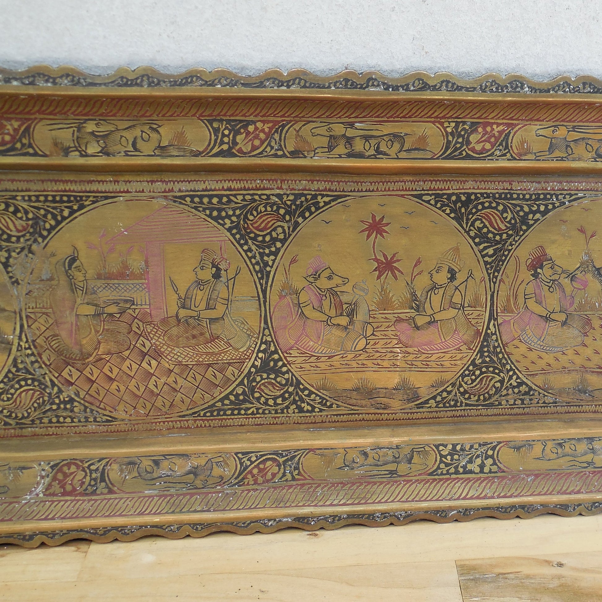  Vtg. Indo-Persian Long Brass Serving Tray Woman Man Deer Masks vintage