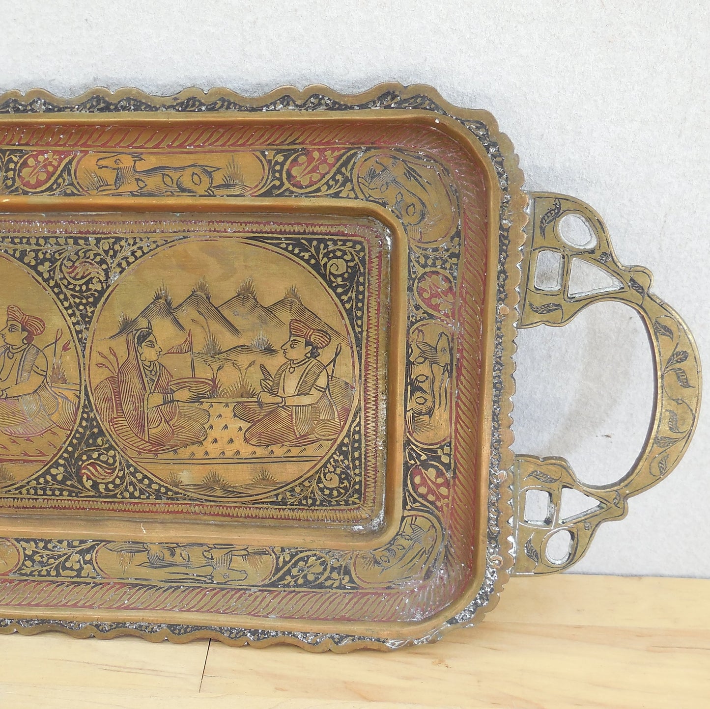 Vtg. Indo-Persian Long Brass Serving Tray Woman Man Deer Masks Used