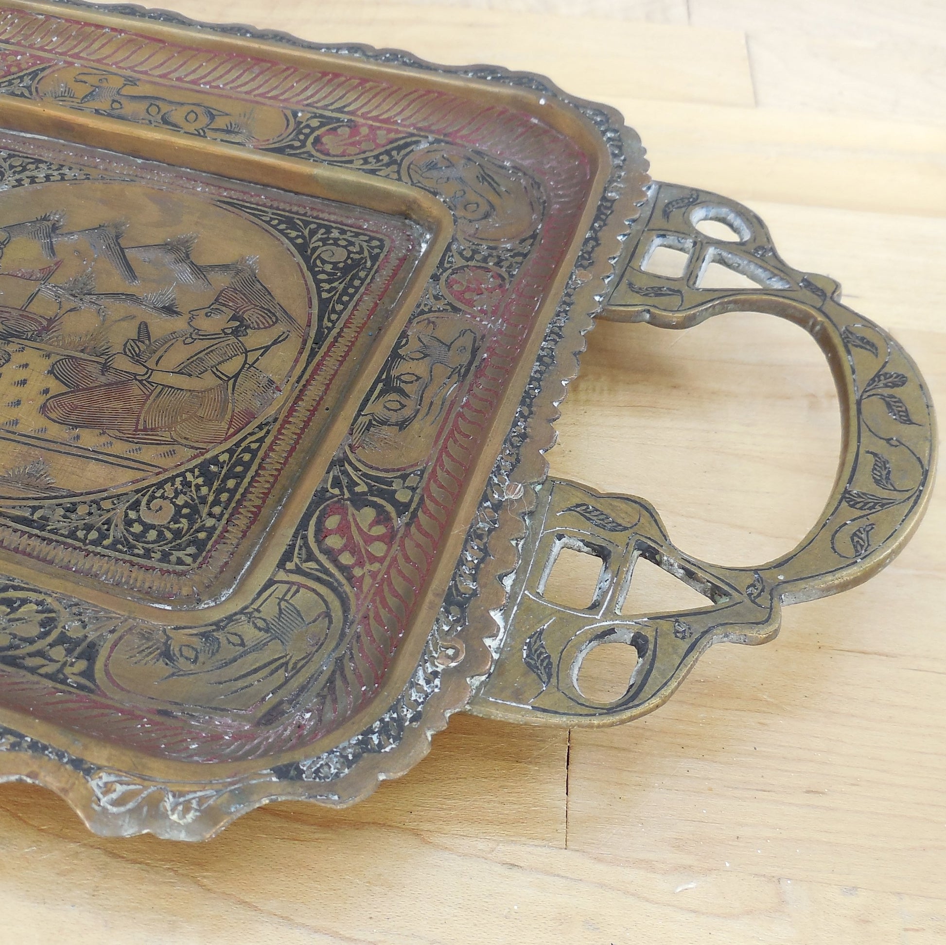 Vtg. Indo-Persian Long Brass Serving Tray Woman Man Deer Masks Old
