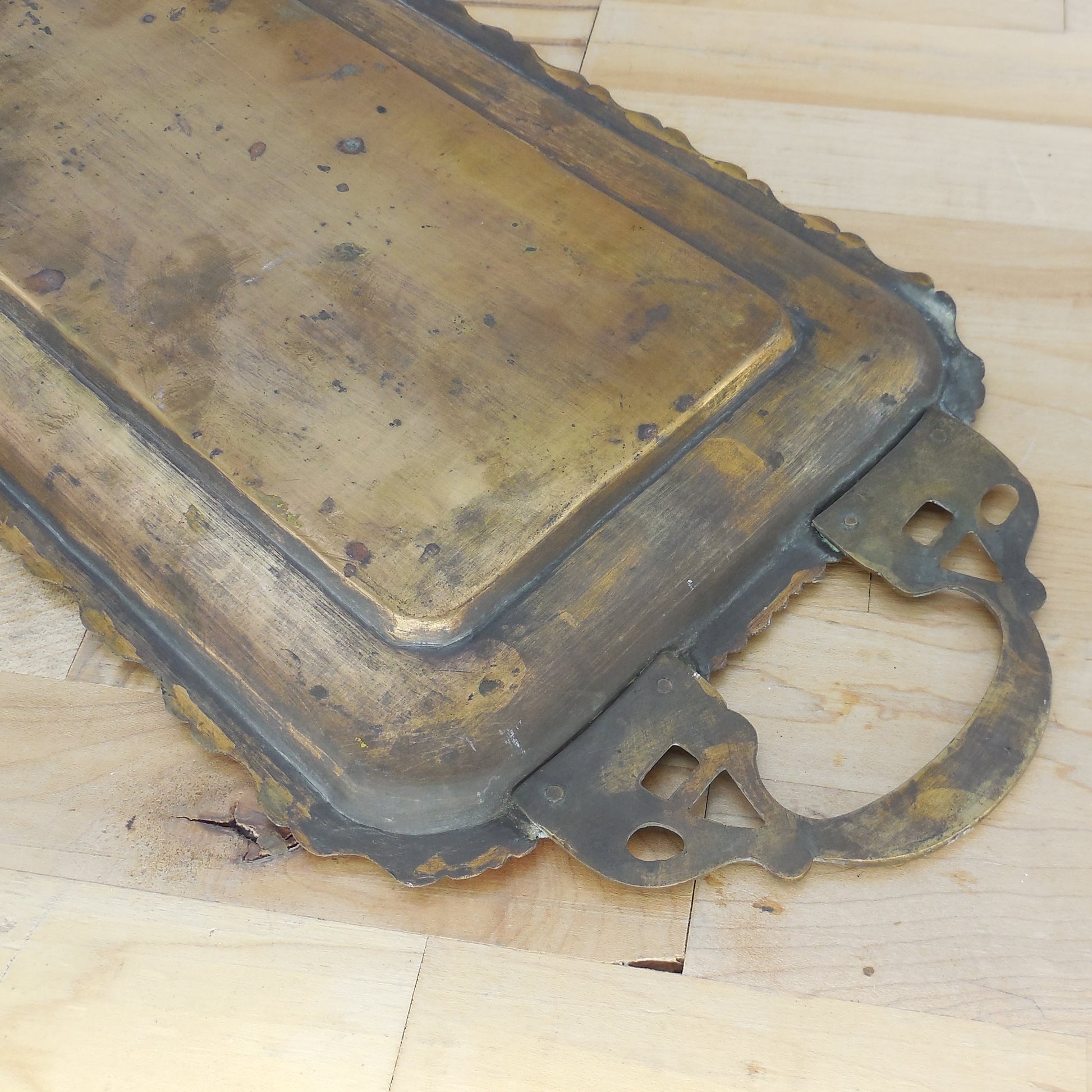 Vtg. Indo-Persian Long Brass Serving Tray Woman Man Deer Masks Double Handles