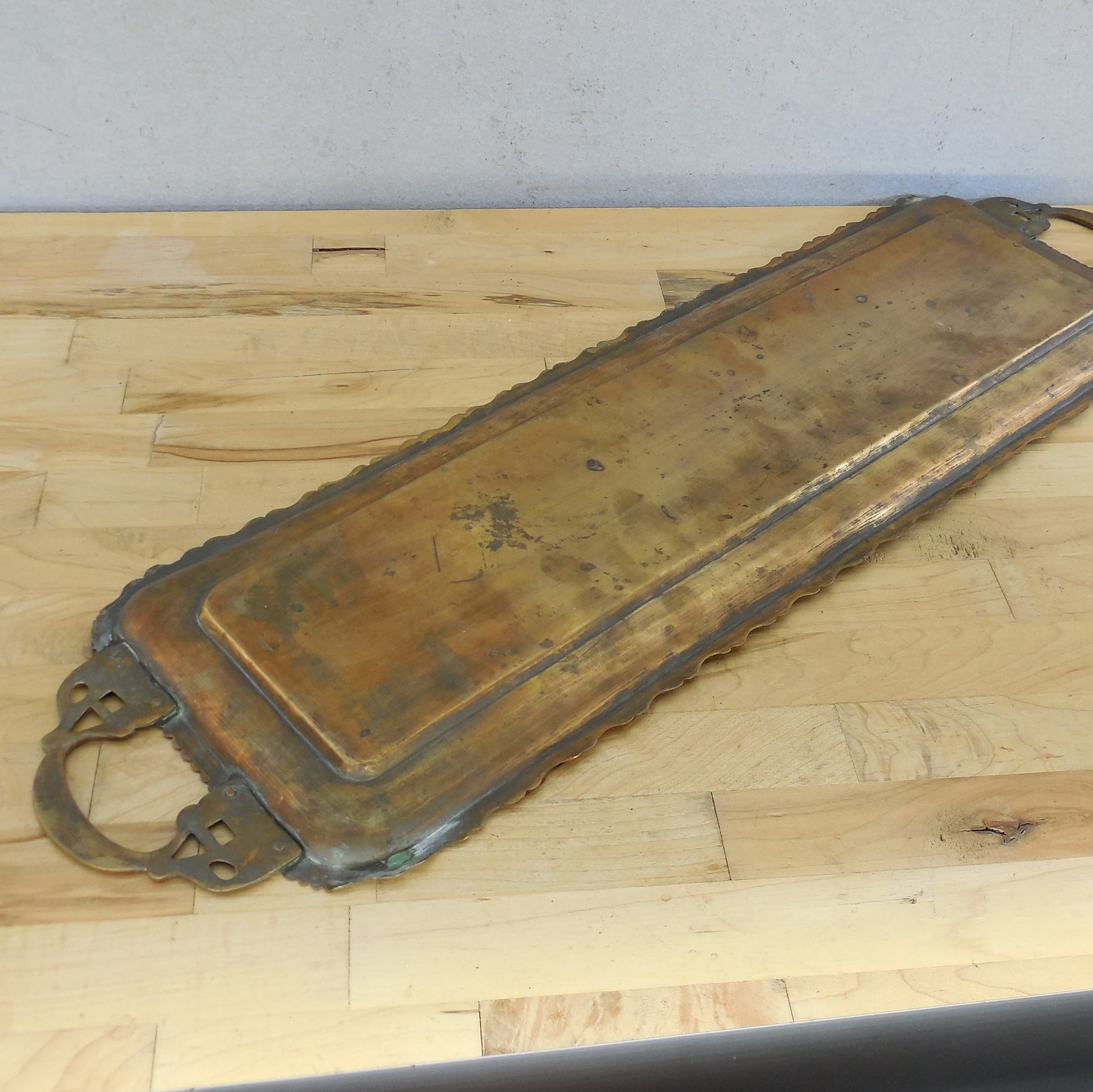 Vtg. Indo-Persian Long Brass Serving Tray Woman Man Deer Masks Patina