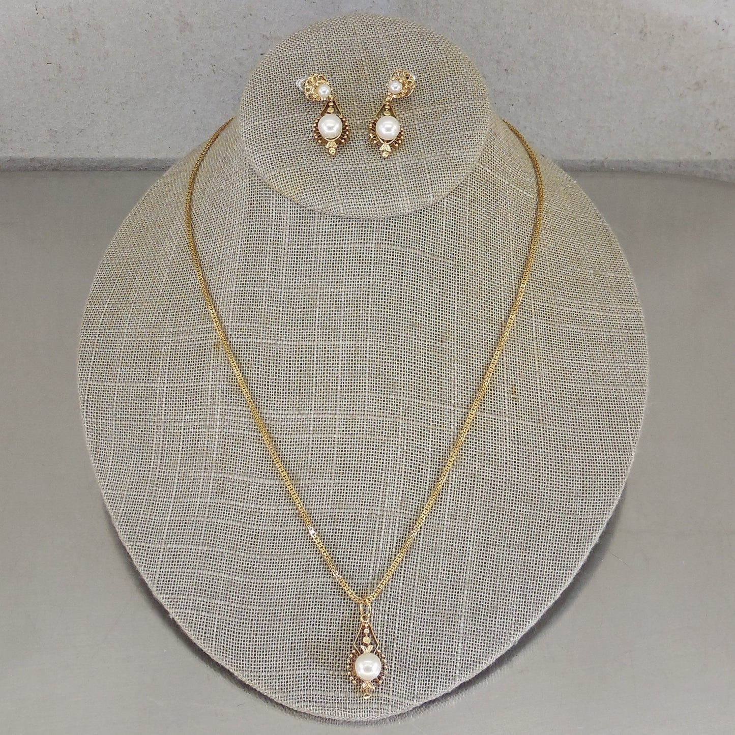 Oritalia Italy 14K Yellow Gold Pearl Pendant Necklace Earrings Set 13.1 Grams