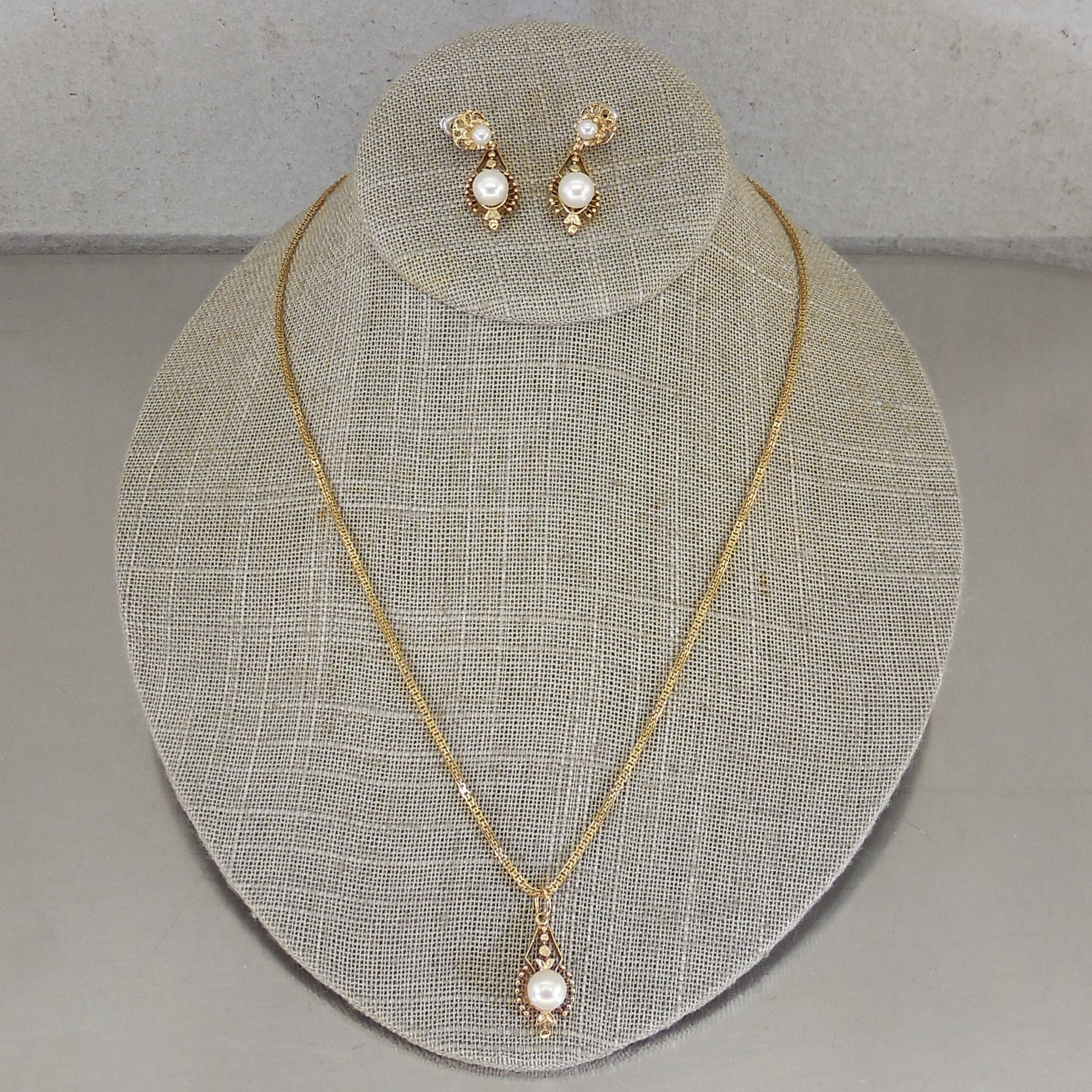 Oritalia Italy 14K Yellow Gold Pearl Pendant Necklace Earrings Set 13.1 Grams
