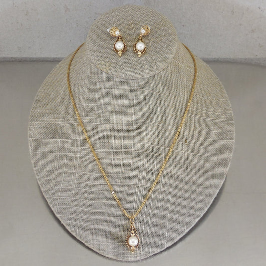 Oritalia Italy 14K Yellow Gold Pearl Pendant Necklace Earrings Set 13.1 Grams