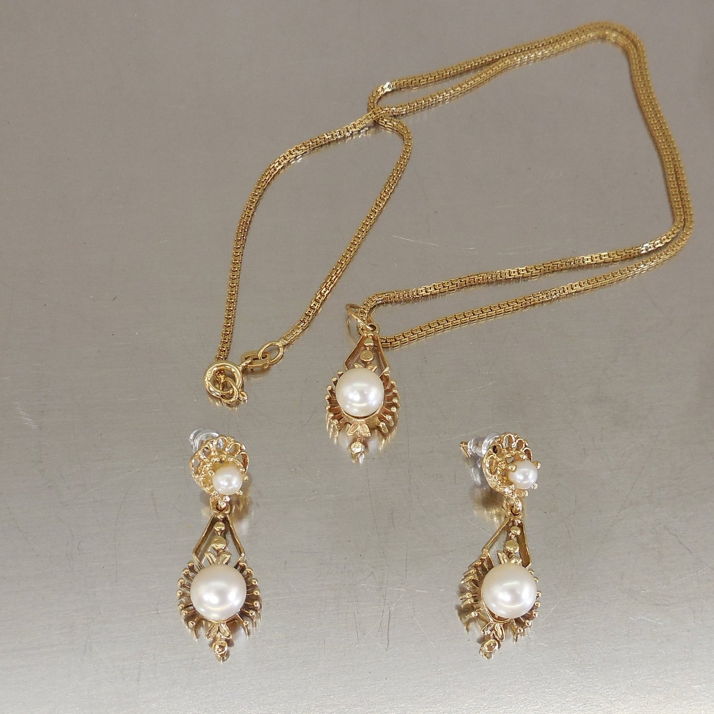 Oritalia Italy 14K Yellow Gold Pearl Pendant Necklace Earrings Set 13.1 Grams