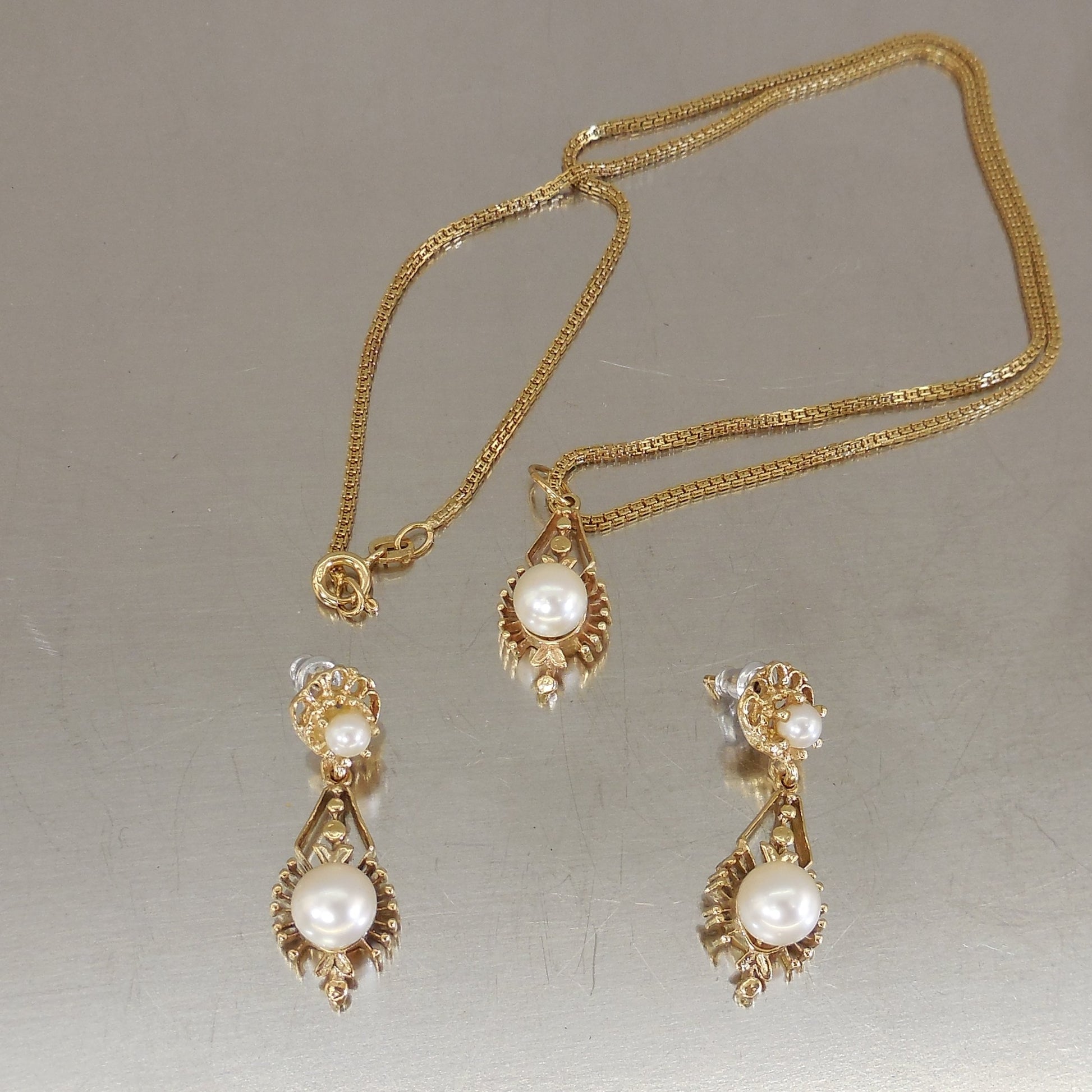 Oritalia Italy 14K Yellow Gold Pearl Pendant Necklace Earrings Set 13.1 Grams