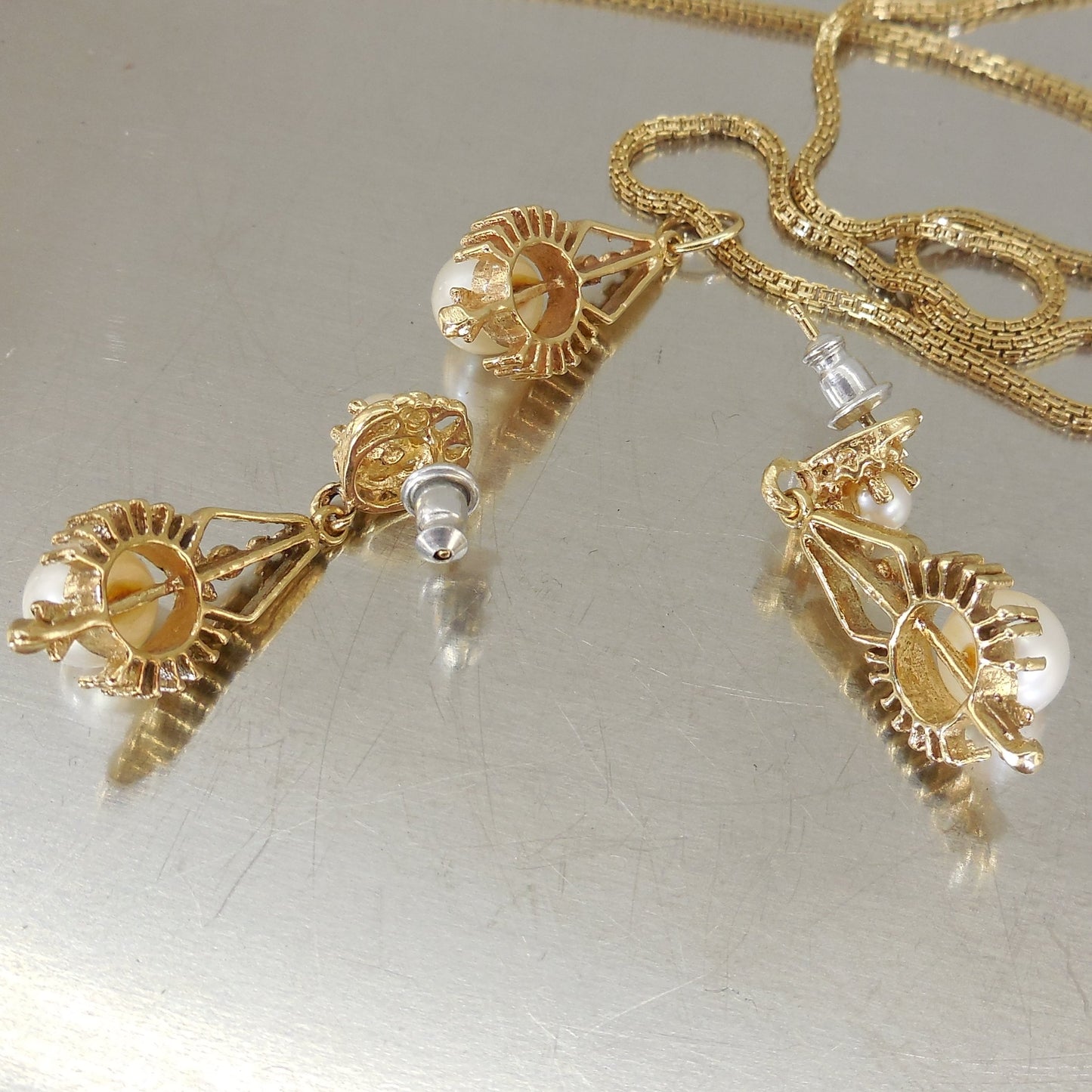 Oritalia Italy 14K Yellow Gold Pearl Pendant Necklace Earrings Set 13.1 Grams
