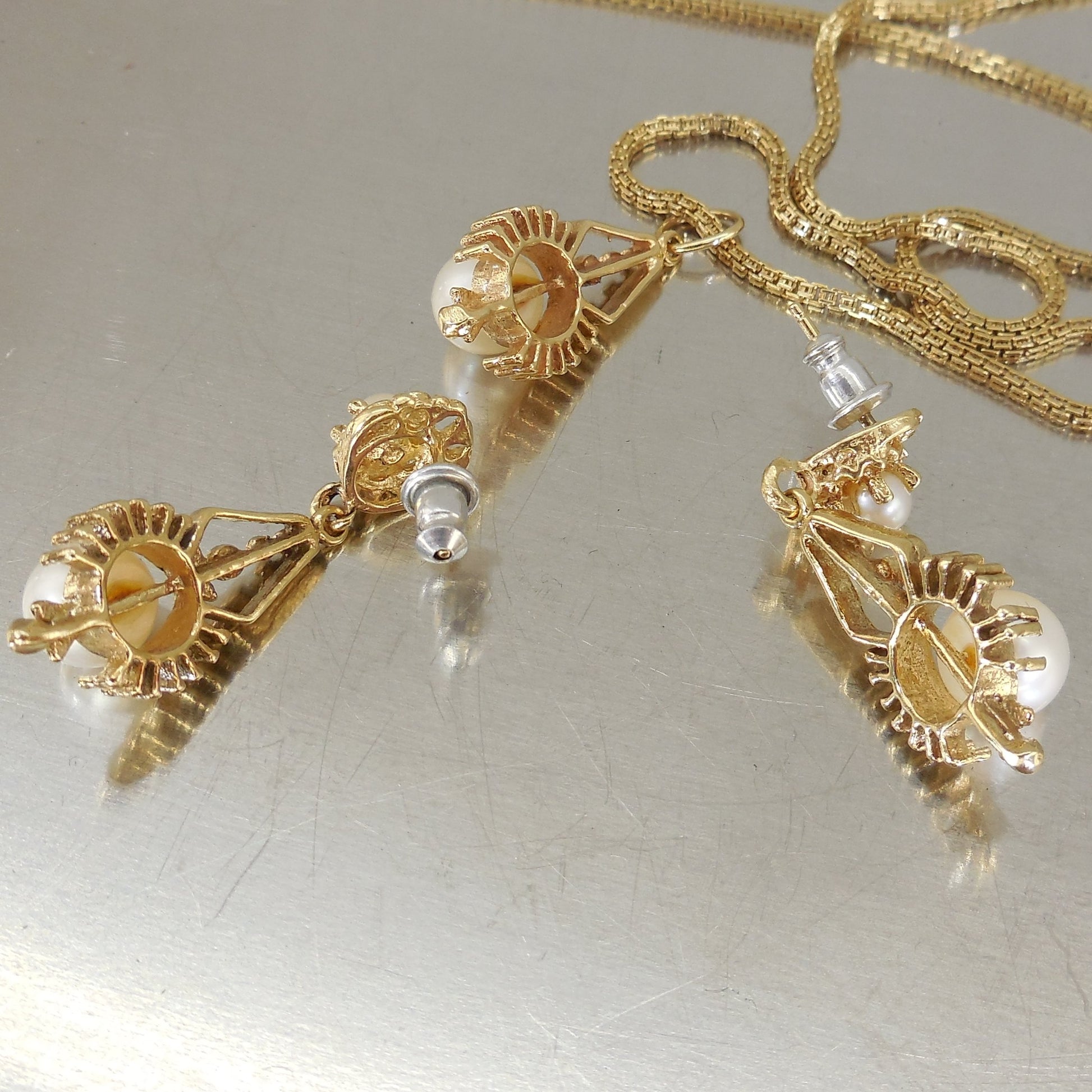 Oritalia Italy 14K Yellow Gold Pearl Pendant Necklace Earrings Set 13.1 Grams