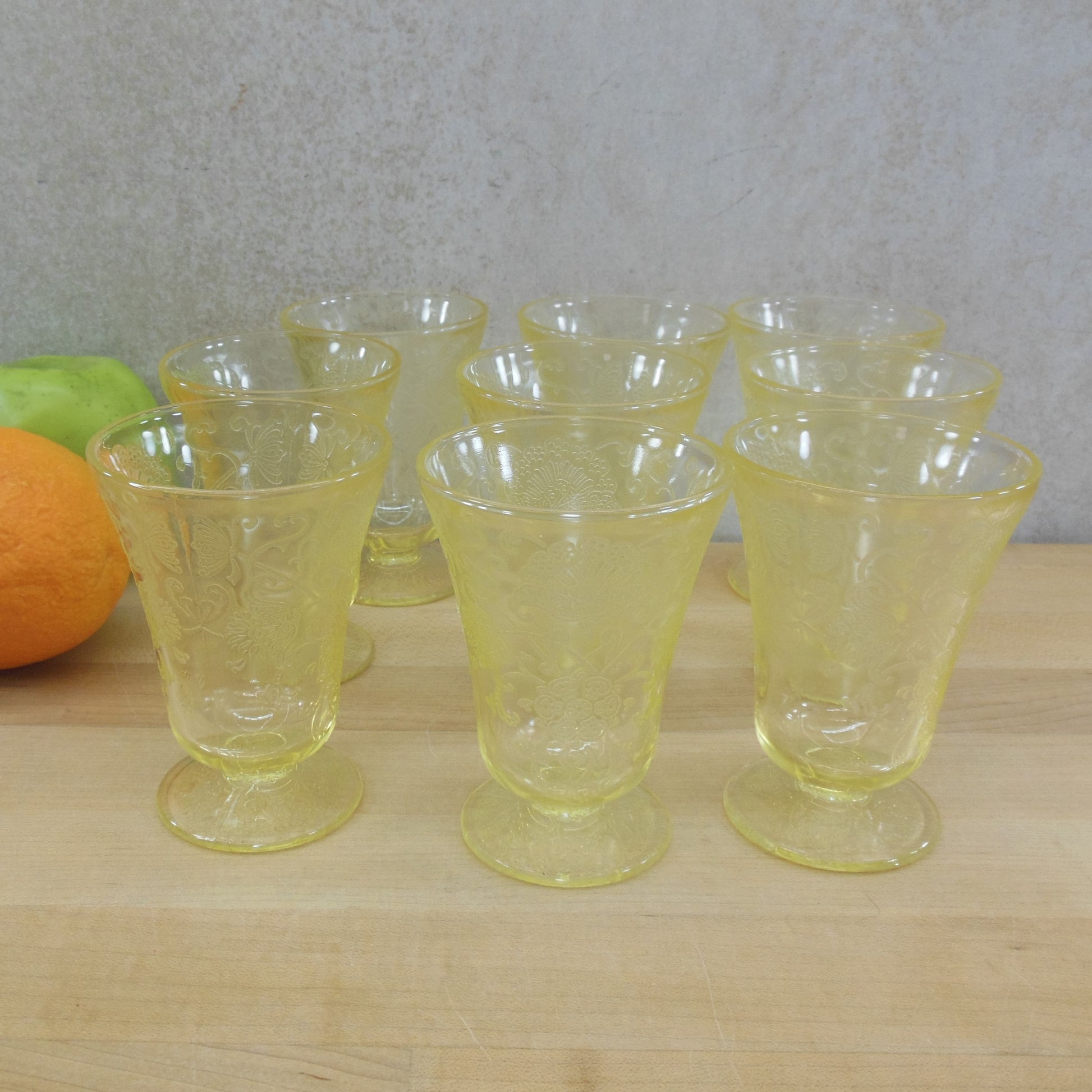 Hazel Atlas Florentine Yellow 2 - Footed Juice Glasses 9 Set