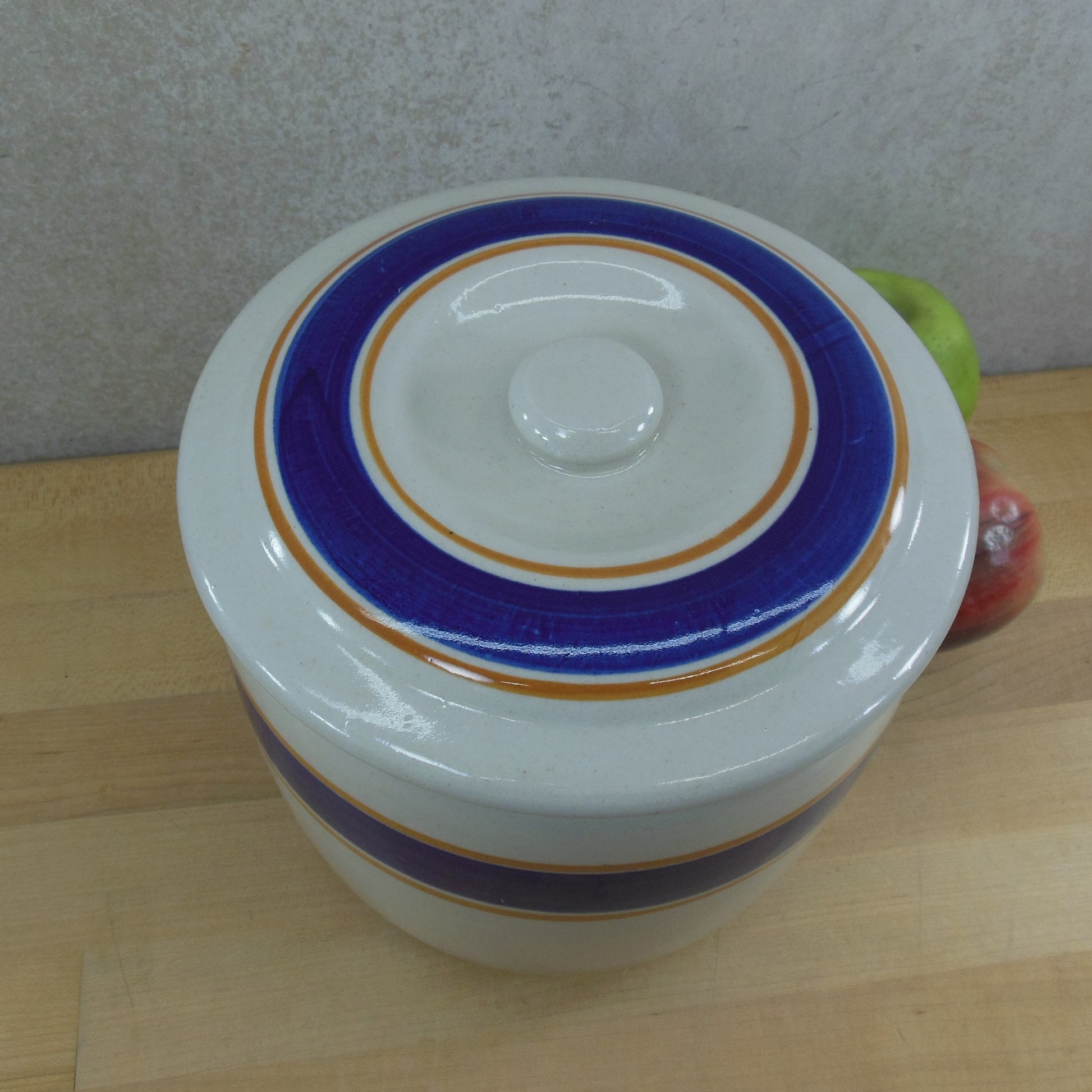 Unbranded Orange/Blue Stripe Banded Stoneware Pottery Cookie Jar Kitchen Canister lidded