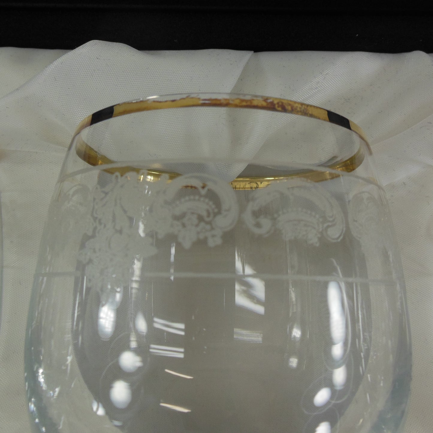 J Preziosi Italy Wine Goblets Etched Gold Rim Stemware In Case Scroll