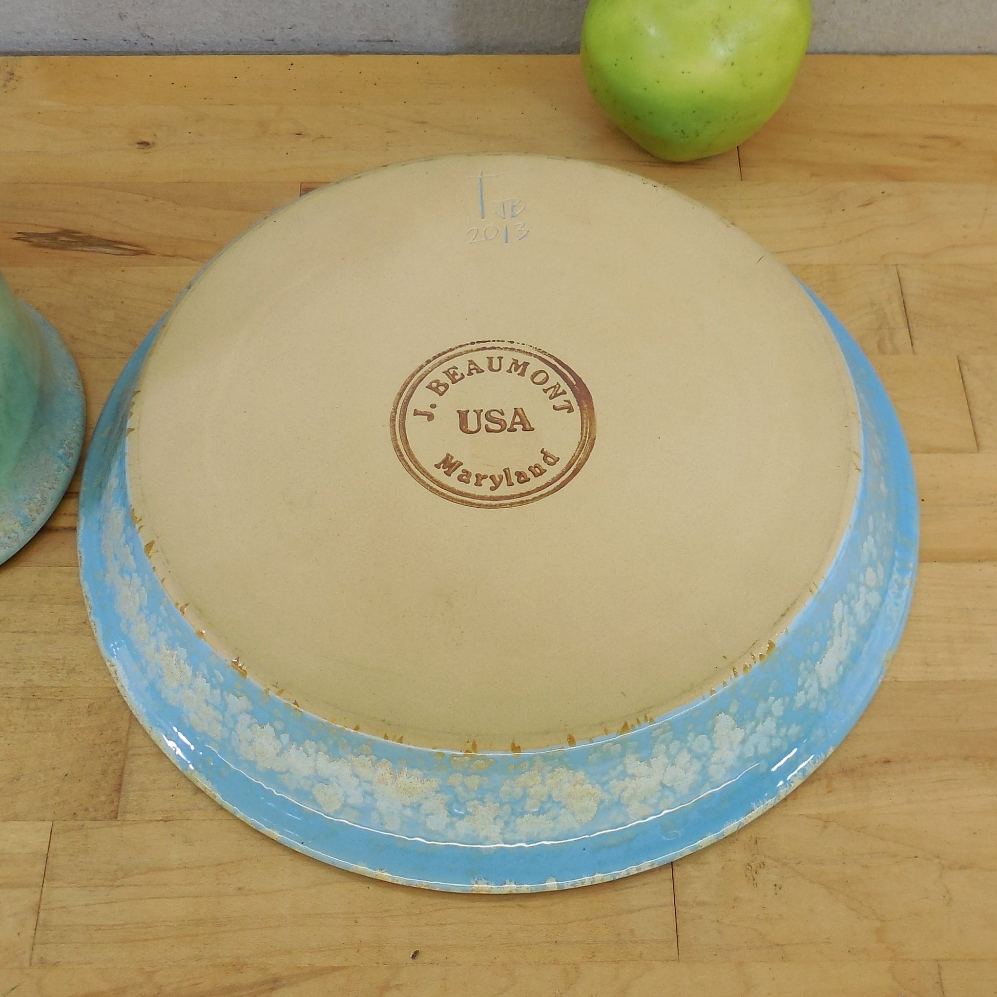 Jerry Beaumont Maryland Pottery 2013 Batter Bowl & Pie Plate Blue Green USA
