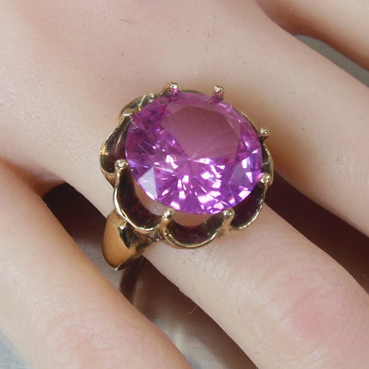 Cocktail Ring 10K Yellow Gold Faceted Round Pink Lab Sapphire Size 8