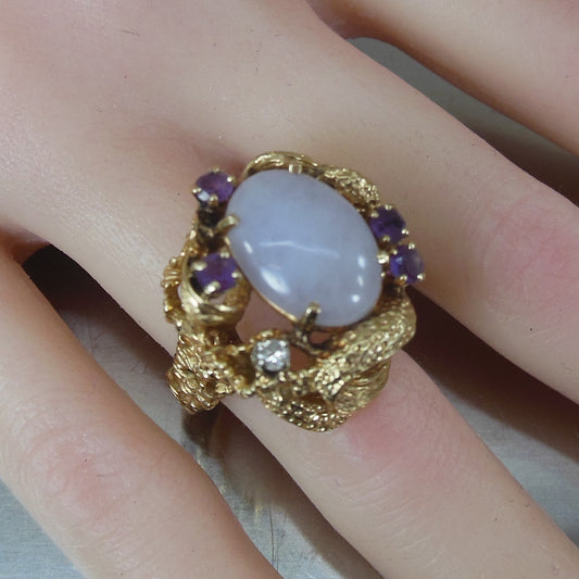 Cocktail Ring Ornate 14K Yellow Gold Amethyst Diamond Cabochon Size 7.75