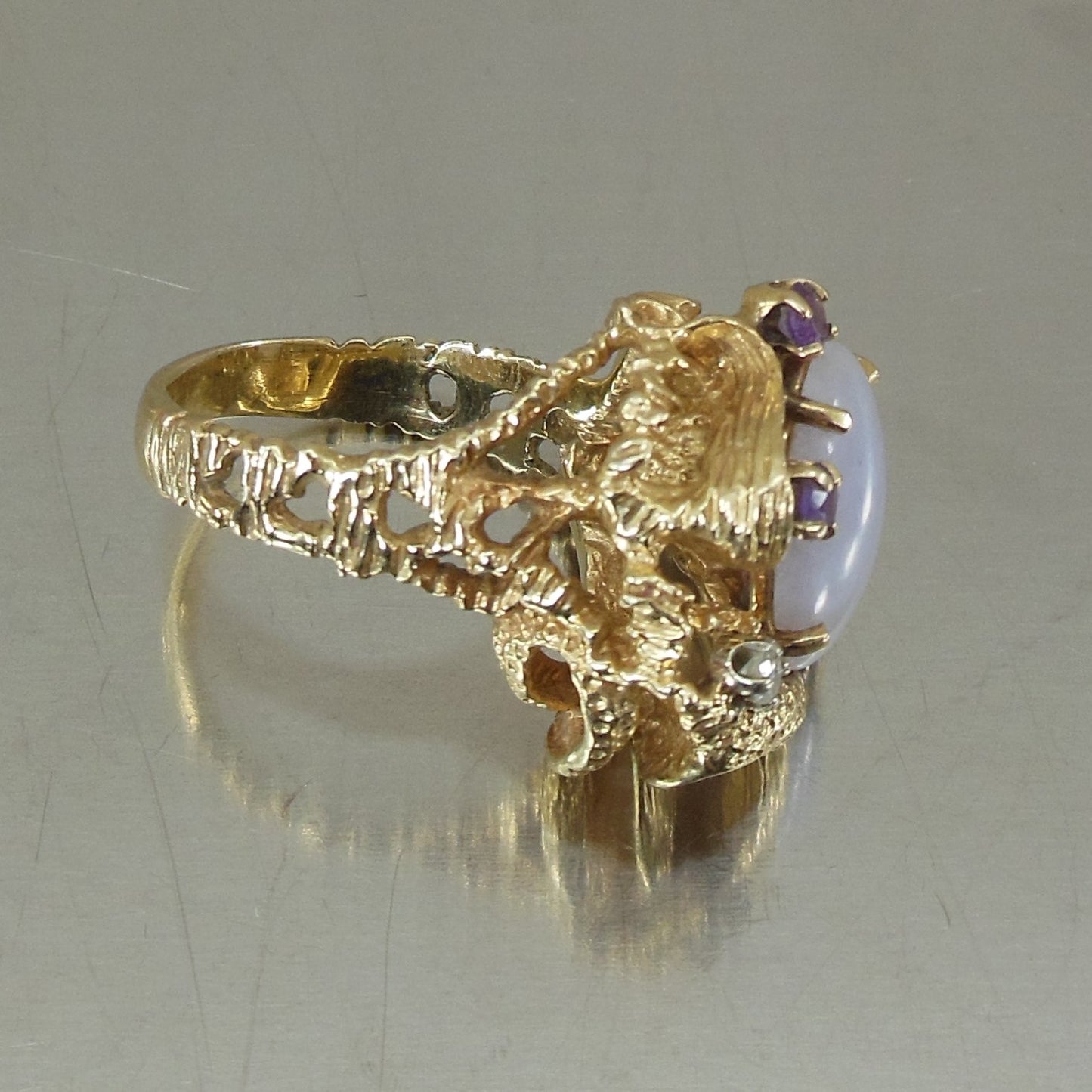 Cocktail Ring Ornate 14K Yellow Gold Amethyst Diamond Cabochon Size 7.75 estate