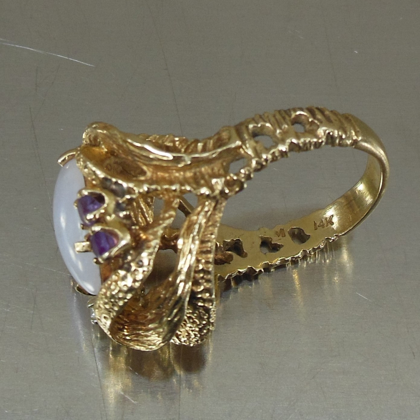 Cocktail Ring Ornate 14K Yellow Gold Amethyst Diamond Cabochon Size 7.75 used