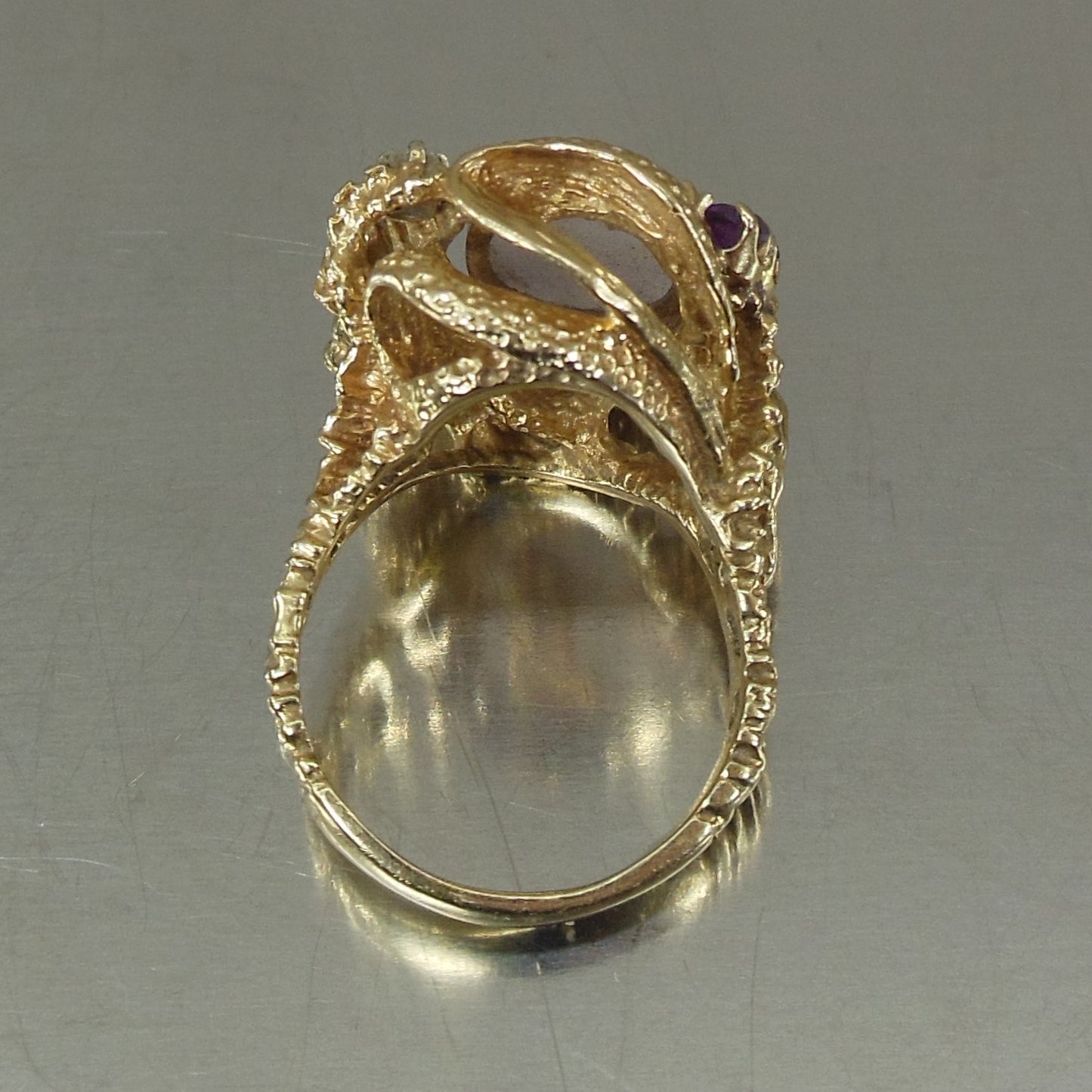 Cocktail Ring Ornate 14K Yellow Gold Amethyst Diamond Cabochon Size 7.75 maker mark M