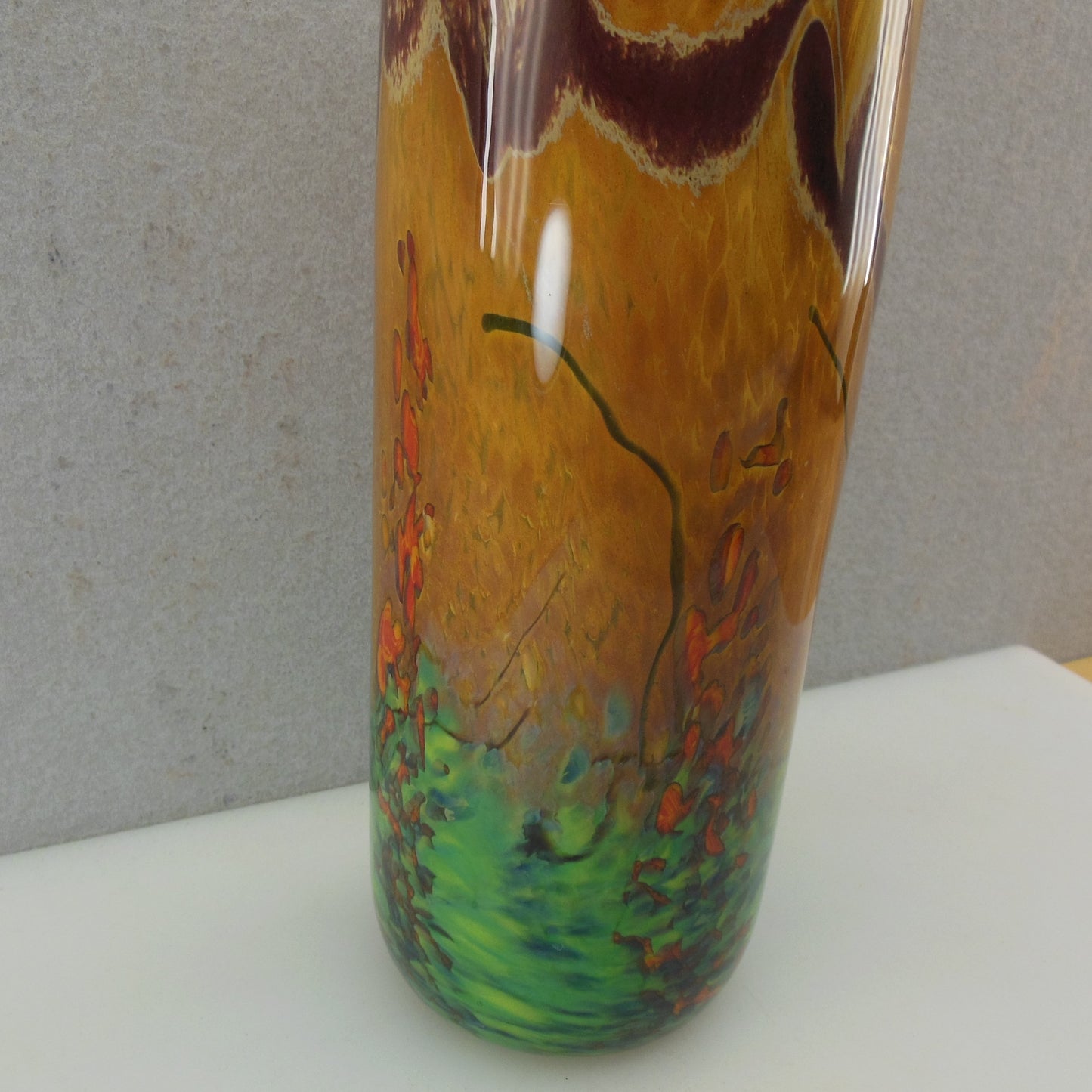 John Fields 2001 Signed Art Glass Cylinder Vase Landscape Monet Green Amber Red