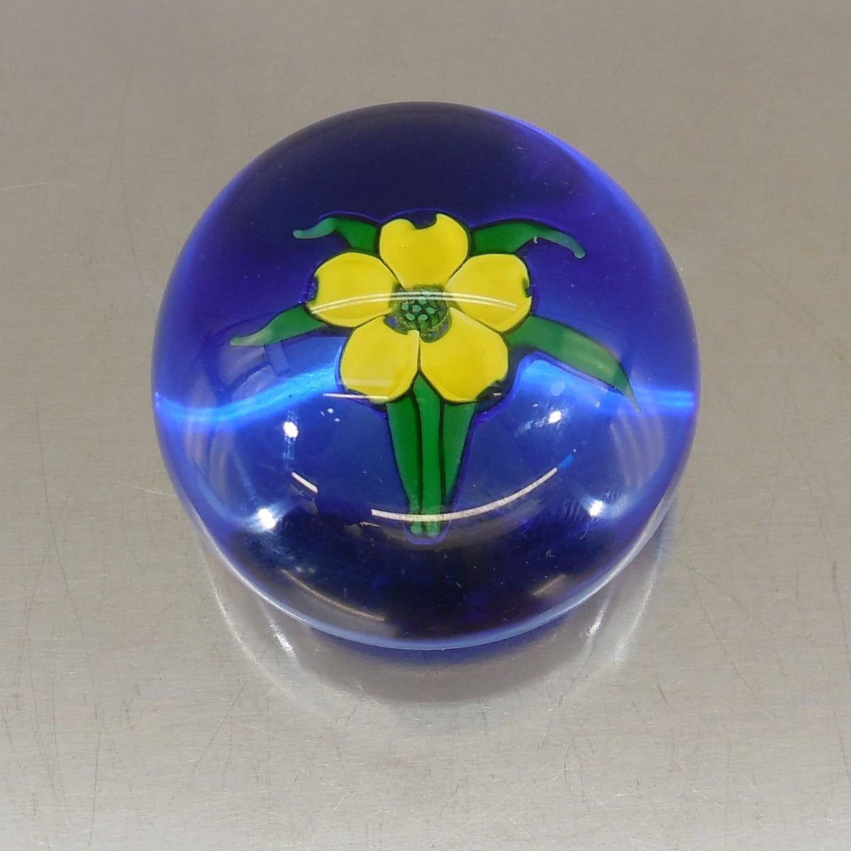 John Deacons Jay Glass 1970's Glass Paperweight Yellow Flower On Blue