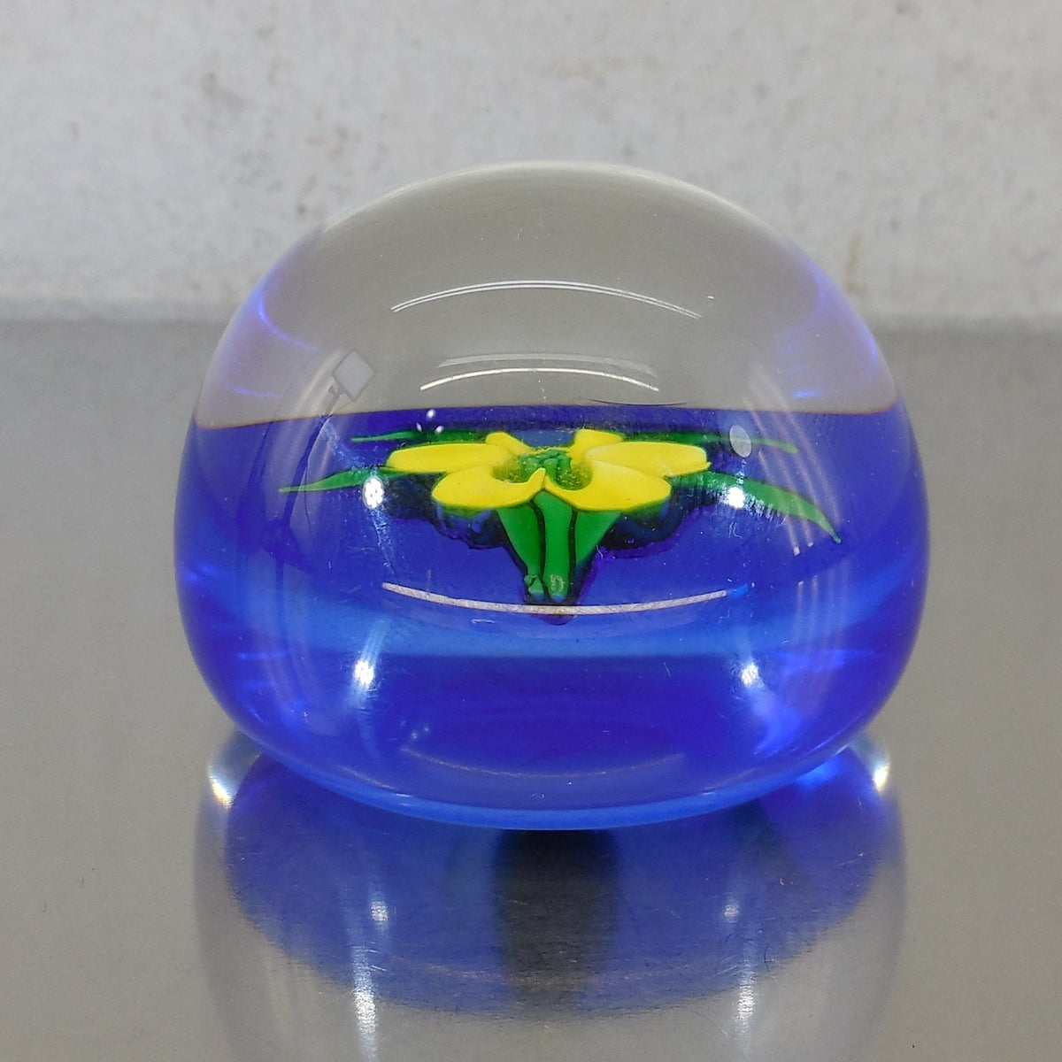 John Deacons Jay Glass 1970's Glass Paperweight Yellow Flower On Blue