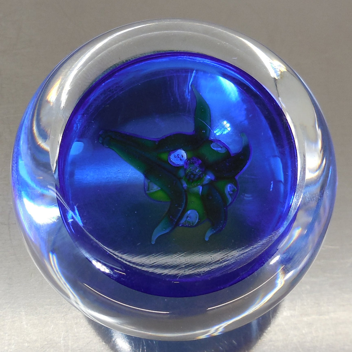 John Deacons Jay Glass 1970's Glass Paperweight Yellow Flower On Blue