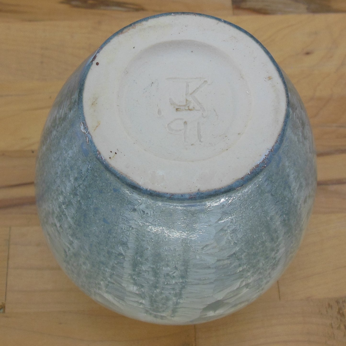 Signed JK 1991 Blue Crystalline Pottery Vase 5" Artist Mark
