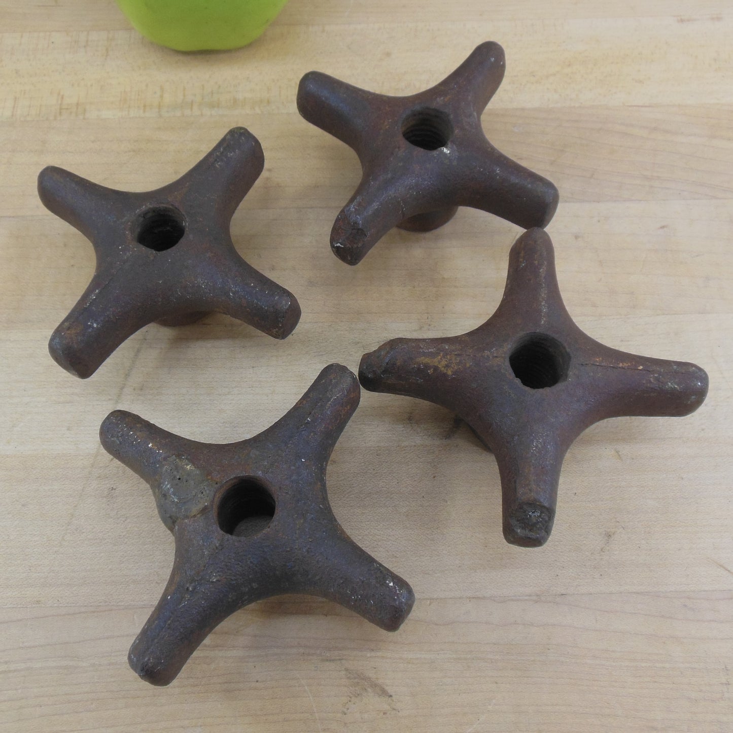 Old 4 Set Cast Iron Star Hand Knobs Nuts 1/2" Thread Through Hole 3.5"