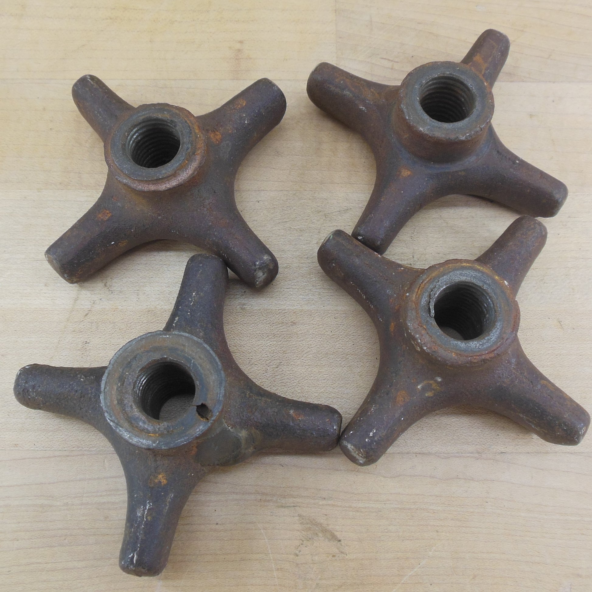 Old 4 Set Cast Iron Star Hand Knobs Nuts 1/2" Thread Through Hole 3.5" Vintage Antique