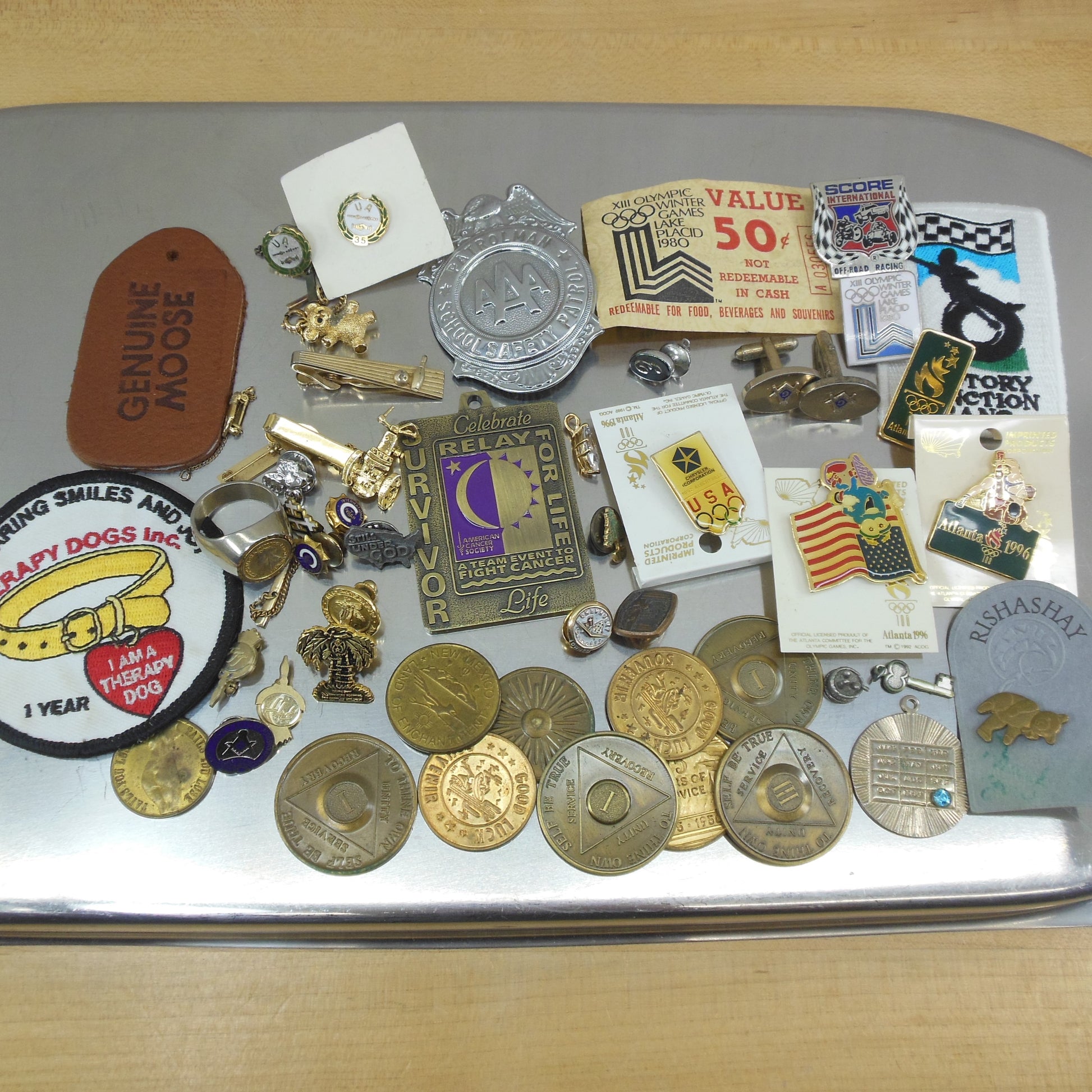 Estate Grab Bag Lot Misc. Items - Olympics AA Pins Tie Clips Jewelry Fraternal