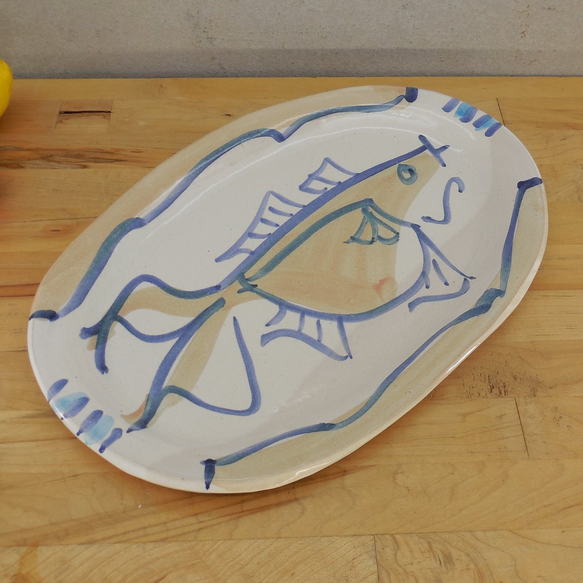 Lorna Smith Pottery Large Oval Serving Tray Platter Carp Fish blue tan white
