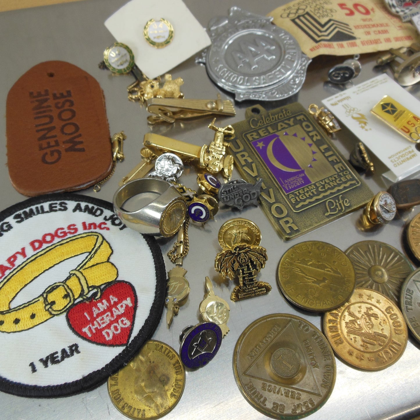 Estate Grab Bag Lot Misc. Items - Olympics AA Pins Tie Clips Jewelry Fraternal Vintage