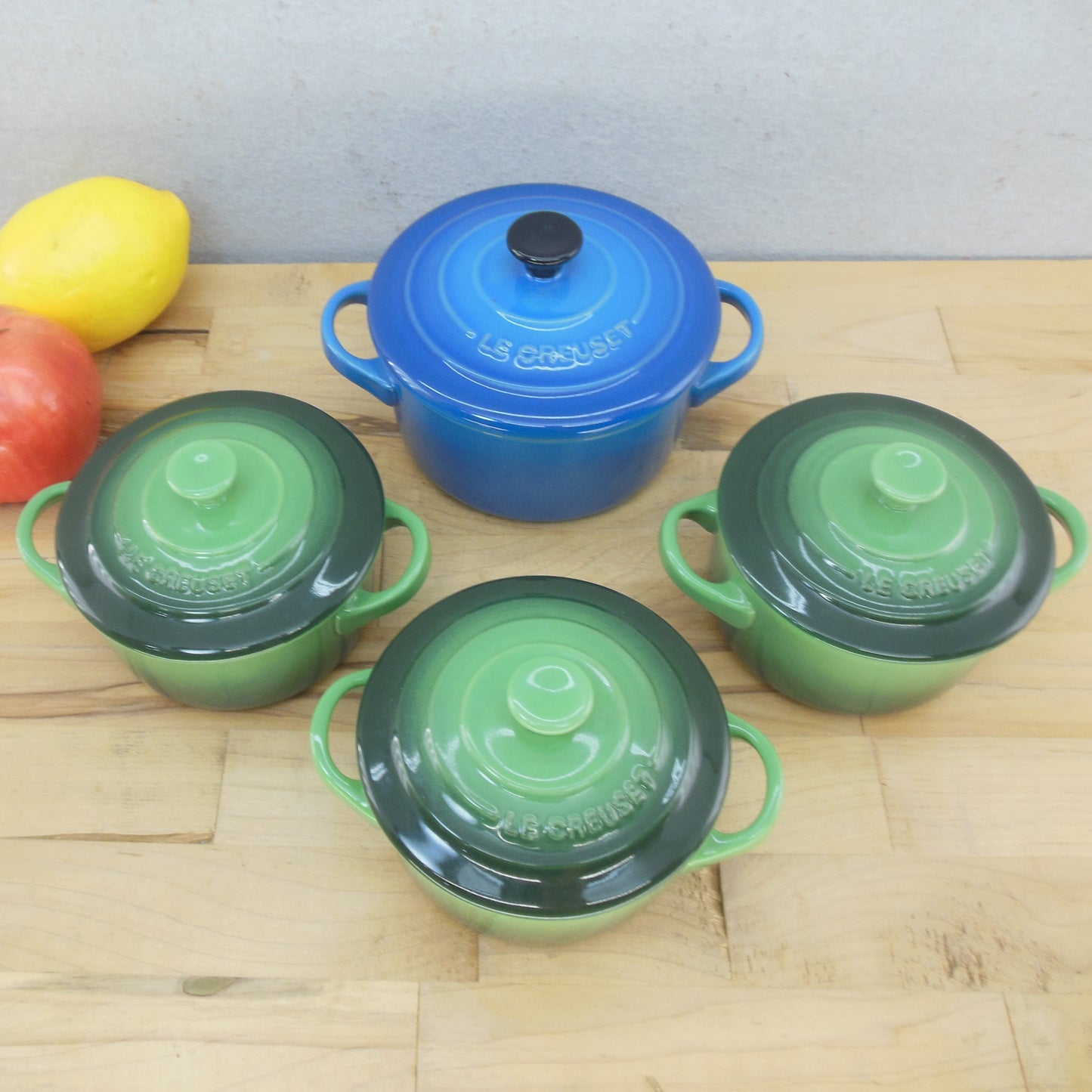 Le Creuset Stoneware 3 Emerald Mini Cocottes 10cm 1 Blue 12cm Lids