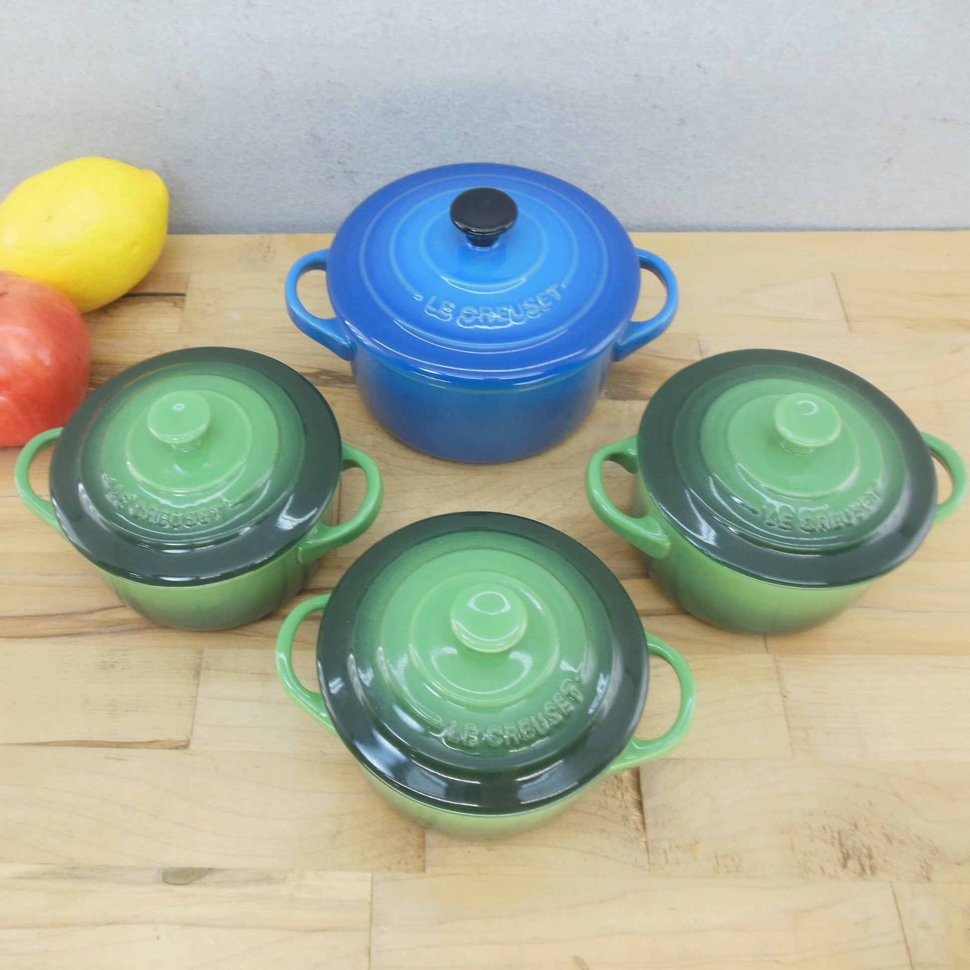 Le Creuset Stoneware 3 Emerald Mini Cocottes 10cm 1 Blue 12cm Lids