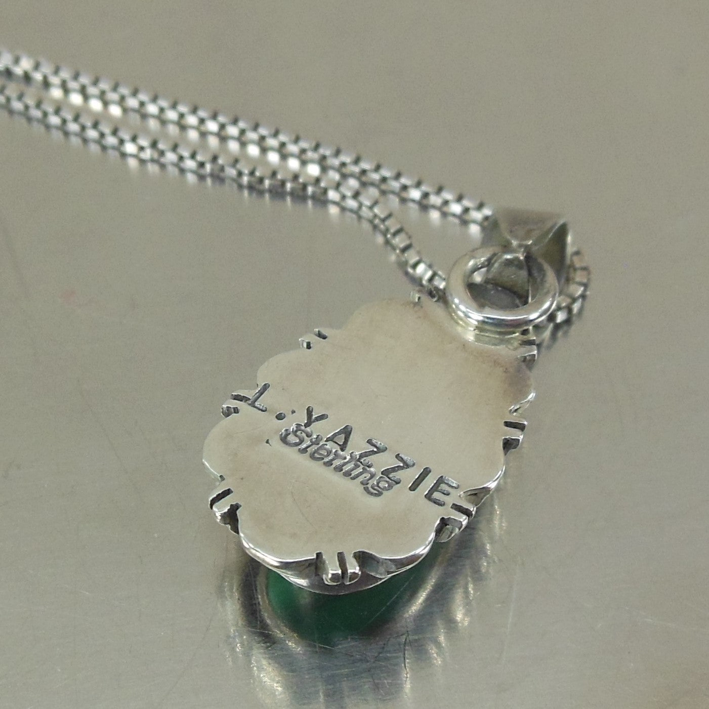 Leslie Yazzie Navajo Sterling Silver Malachite Pendant Necklace signed