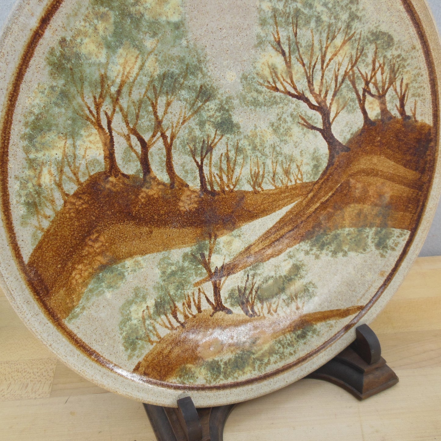 Peter Newland Large Pottery Wall Plate Trees Landscape 13.75" Vintage Green Brown Tan