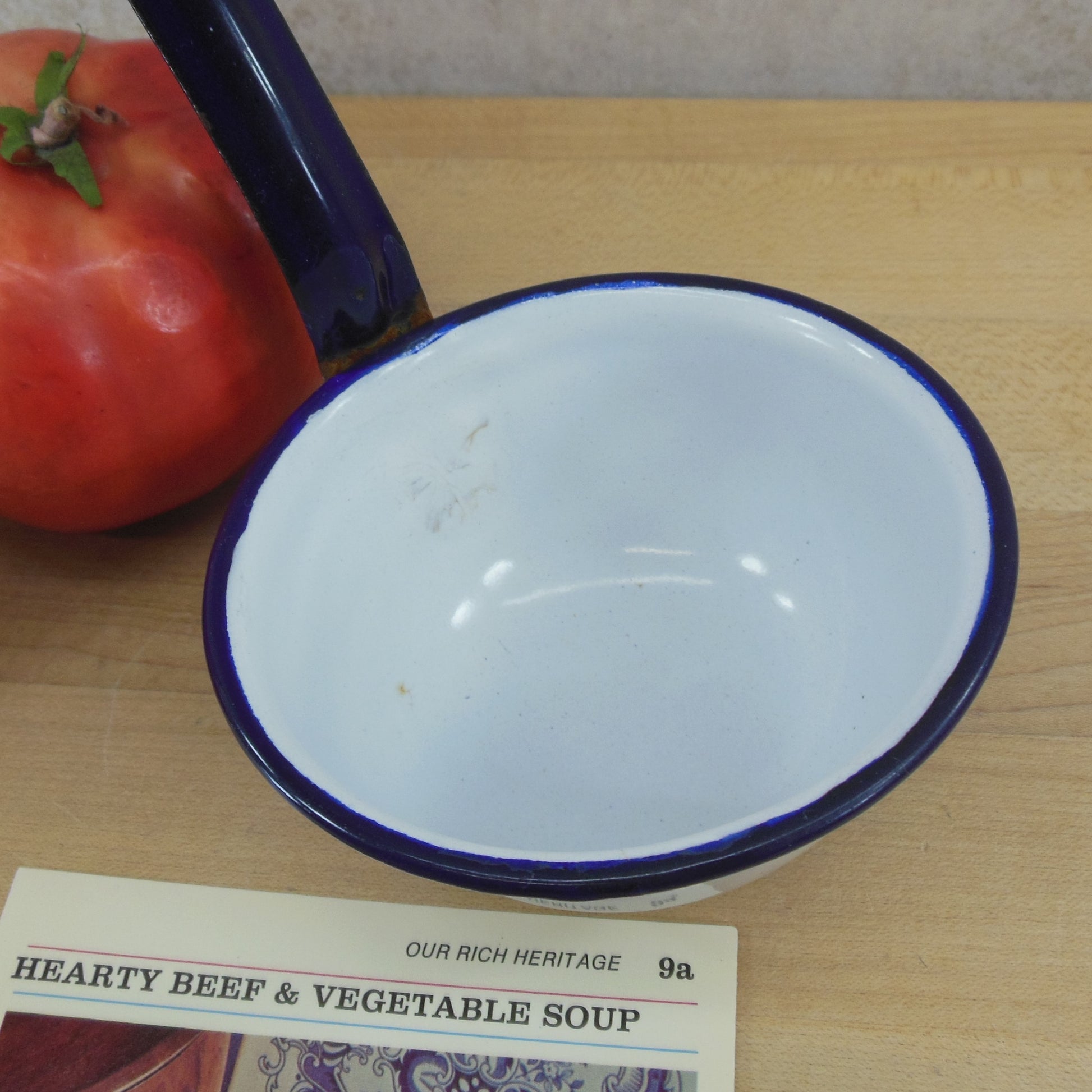 Antique Enamelware Blue White Water Soup Ladle - Old Farmhouse Cottage bowl