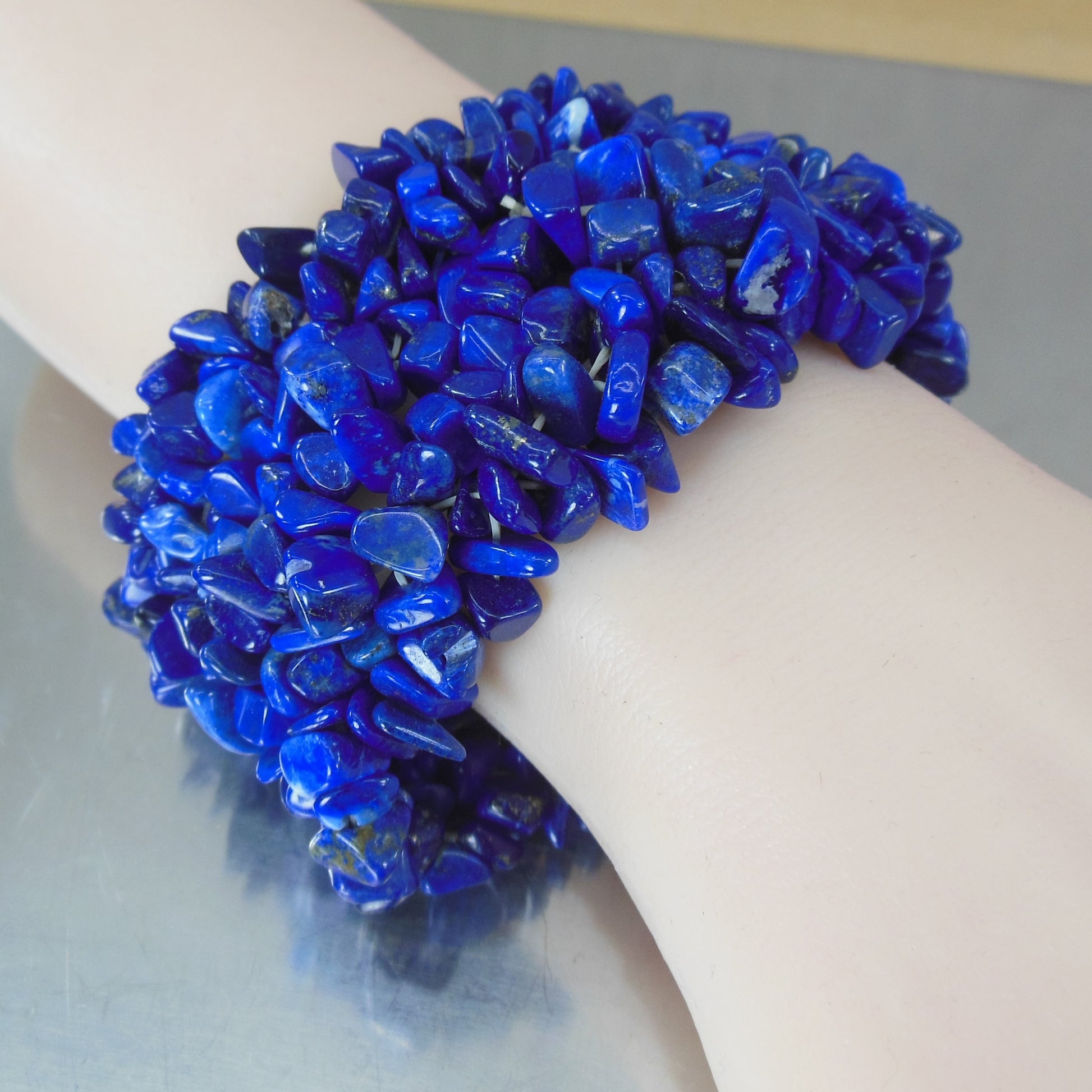 Blue Lapis Lazuli Chip Bead Stretch Bracelet 1-3/4" Wide