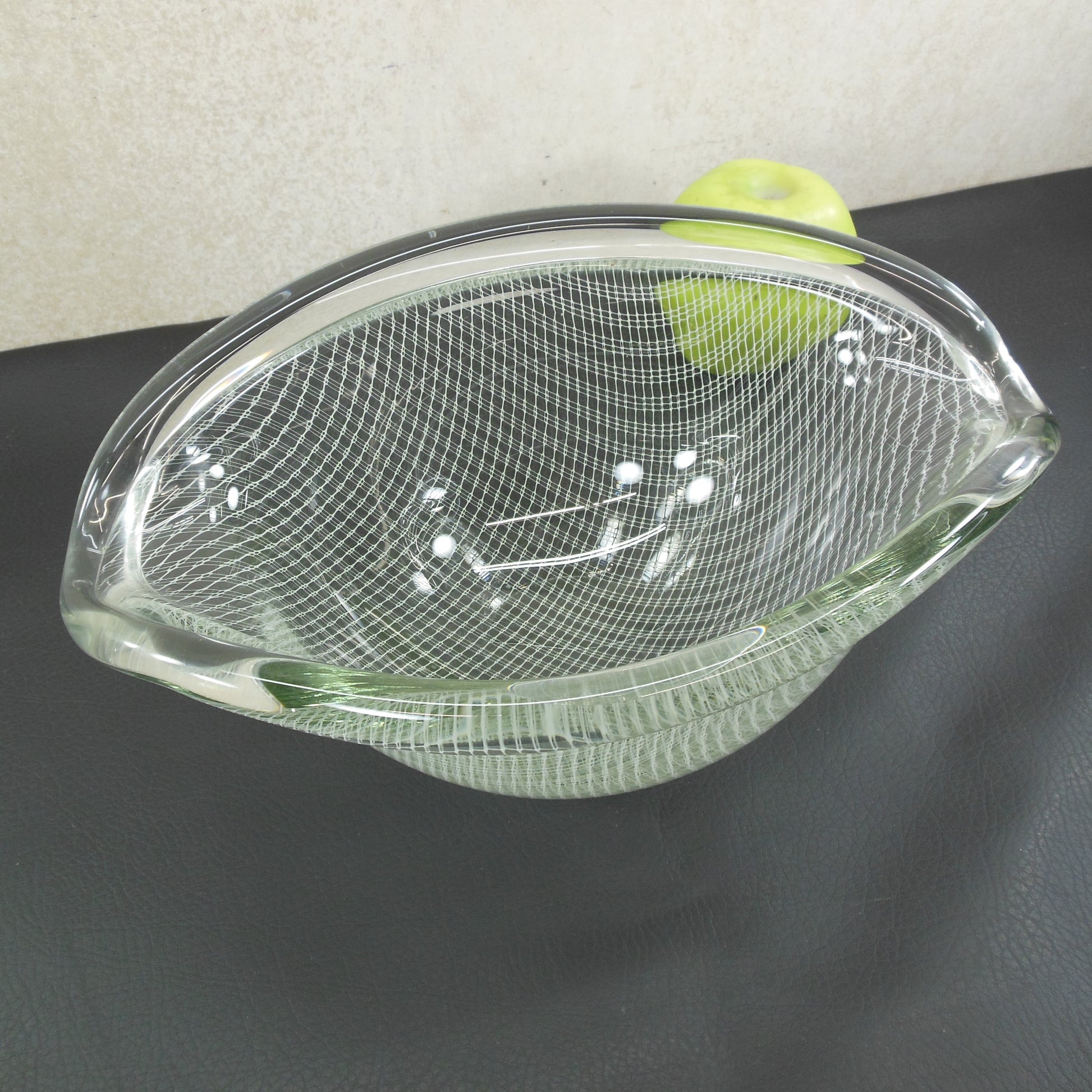 Harrach Harrachov Harrtil Clear Art Glass Oval Bowl White Lattice vintage