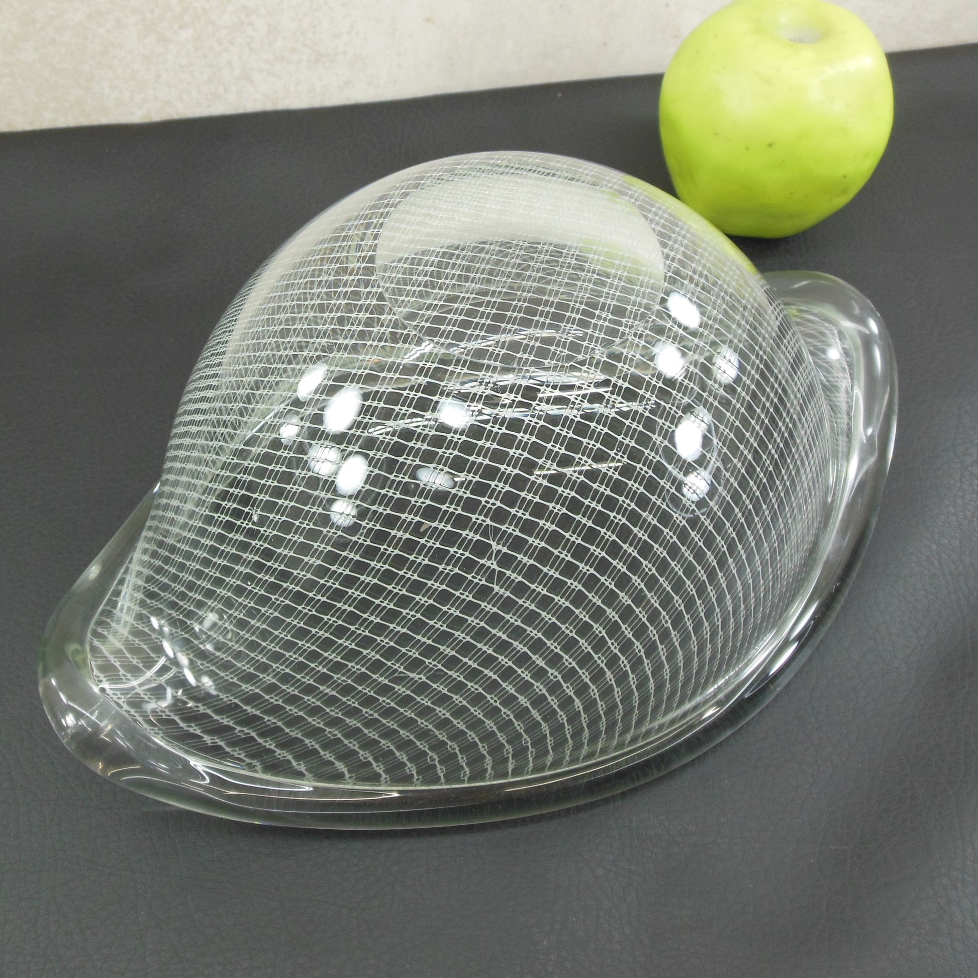 Harrach Harrachov Harrtil Clear Art Glass Oval Bowl White Lattice Latticino