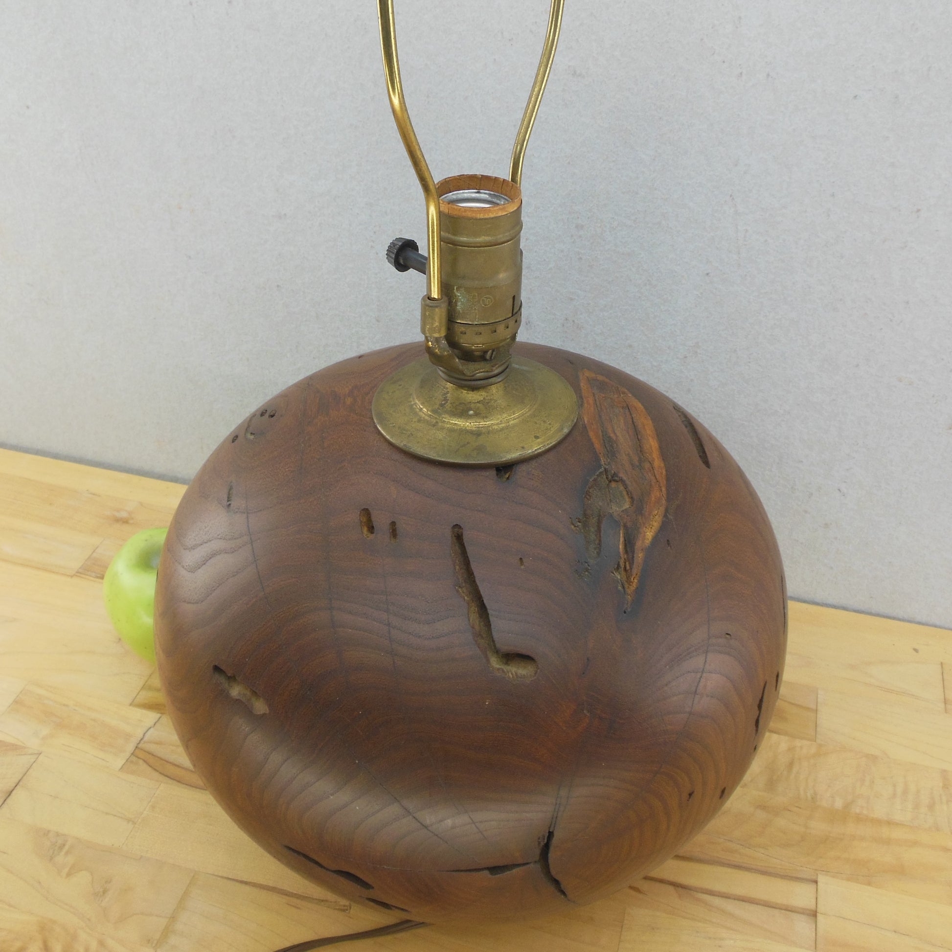 Vtg. Turned Wood Orb Ball Table Lamp Burl Mesquite Walnut Worm Hole Vintage