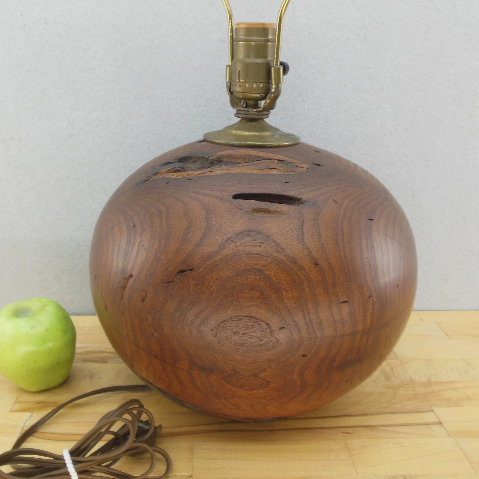 Vtg. Turned Wood Orb Ball Table Lamp Burl Mesquite Walnut Worm Hole MCM Brutalist