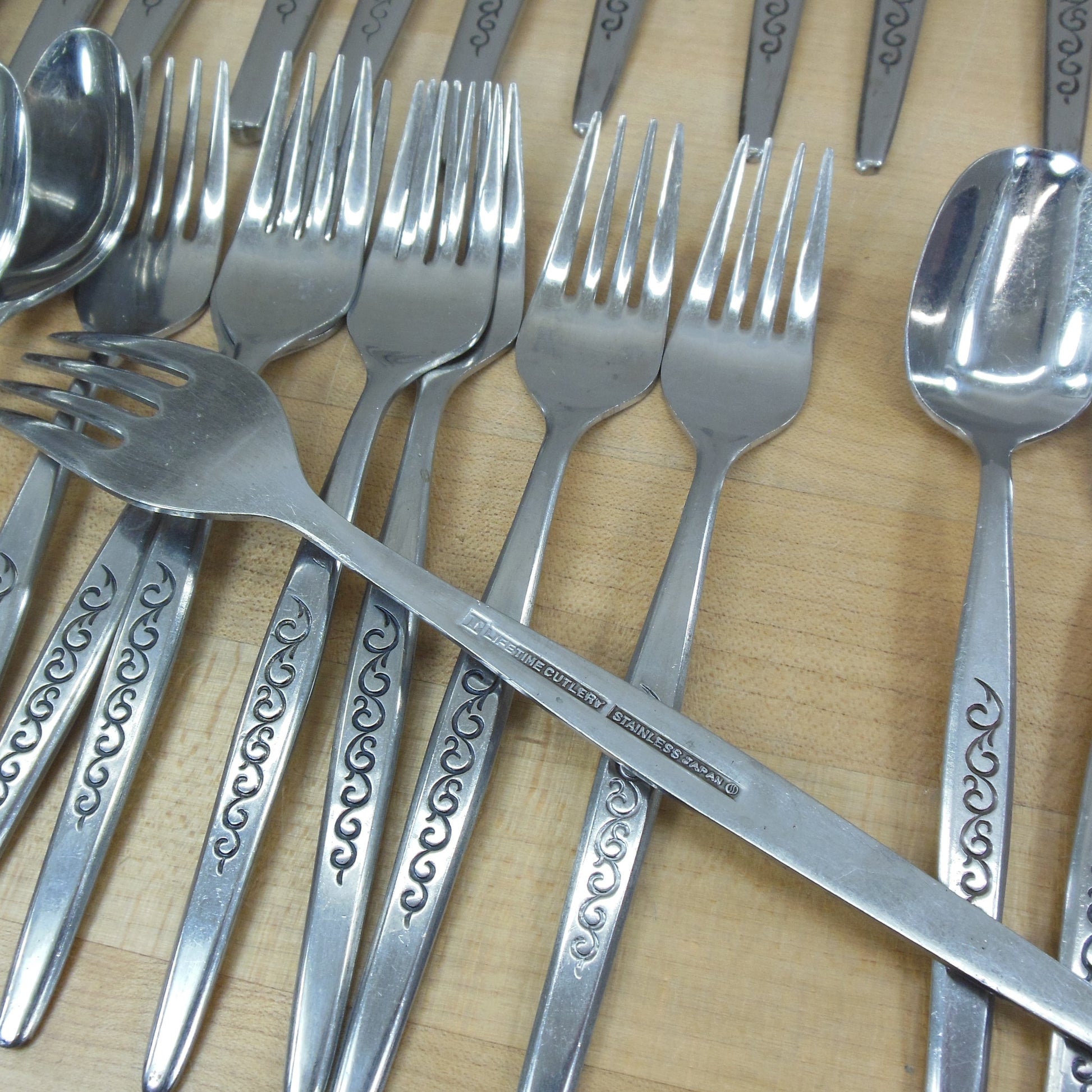Lifetime Cutlery Japan Unknown Pattern Black Scroll Stainless Flatware - Partial Set fork spoon knife