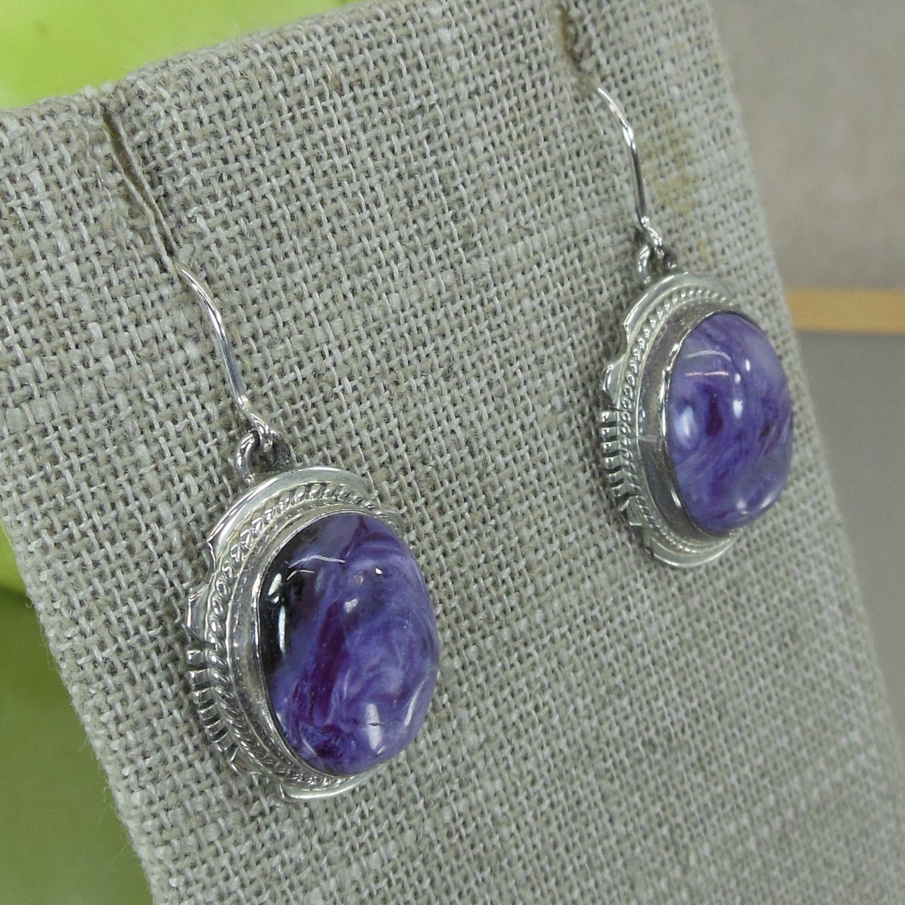 Navajo Signed LL Sterling Silver Charoite Cabochon Purple Earrings Vintage