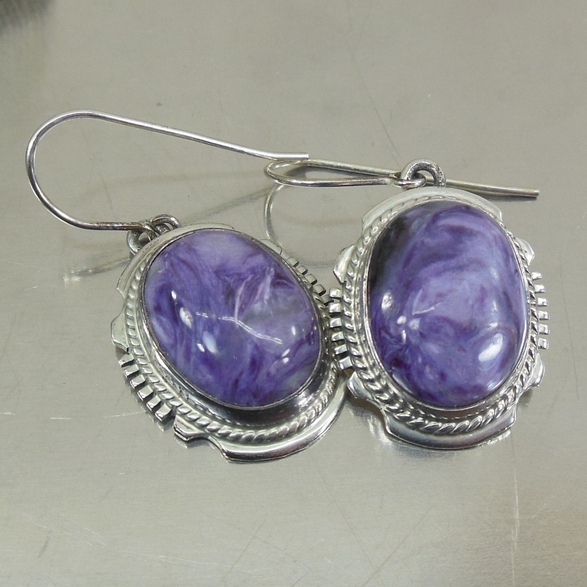 Navajo Signed LL Sterling Silver Charoite Cabochon Purple Earrings Southwestern