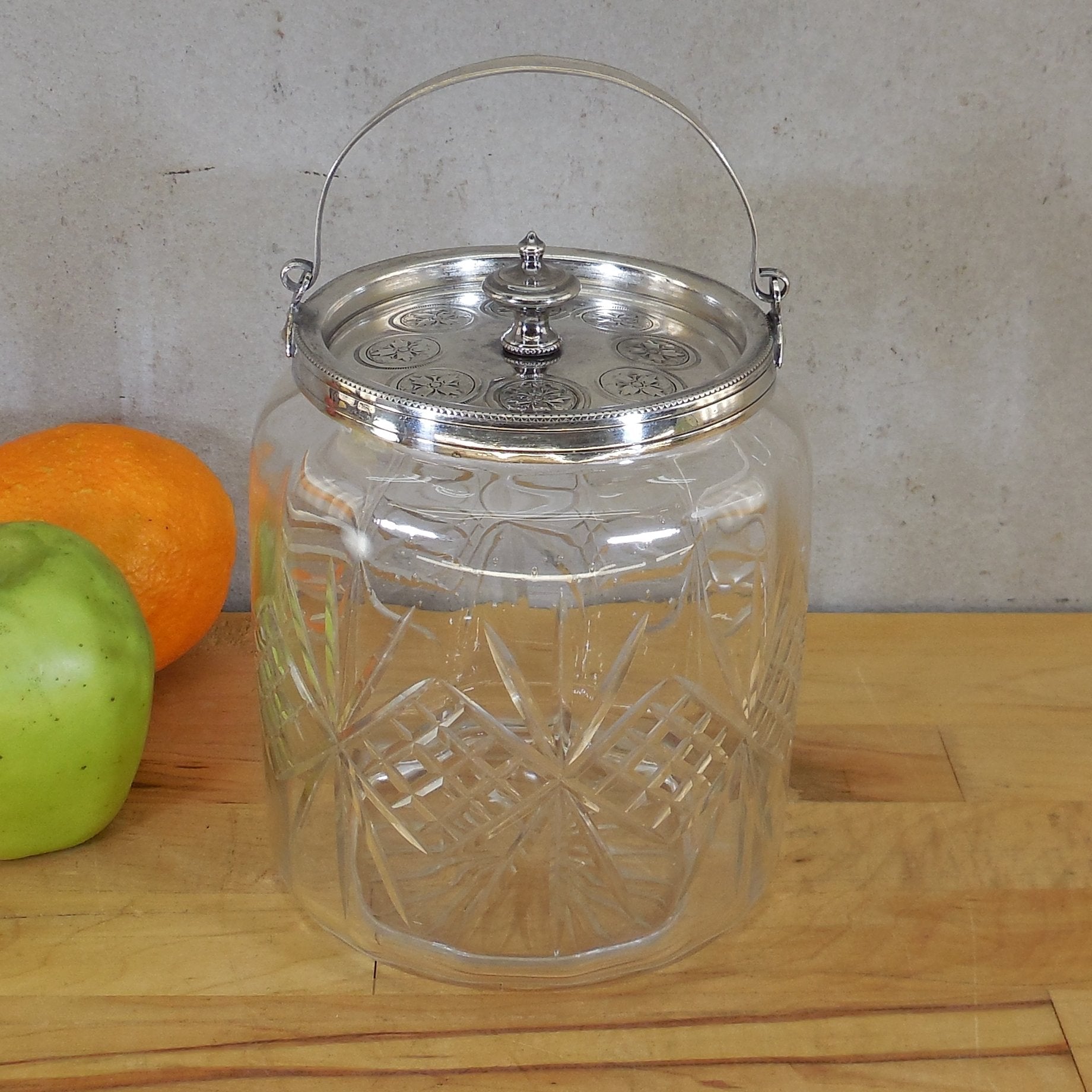 Unbranded Antique Silver Plate Crystal Cut Glass Biscuit Jar Medallions