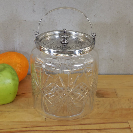 Unbranded Antique Silver Plate Crystal Cut Glass Biscuit Jar Medallions