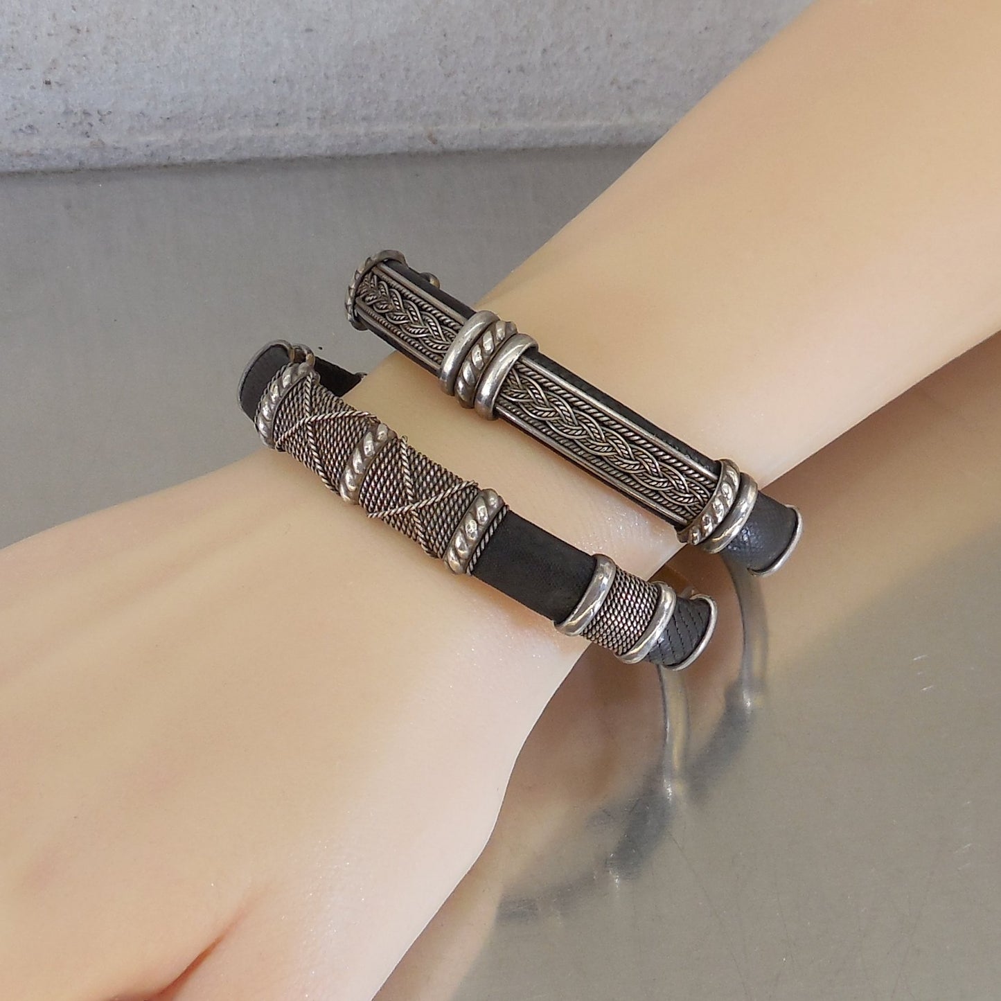 Pair Taxco TL-53 Mexico 925 Sterling Silver Snakeskin Cuff Bracelets