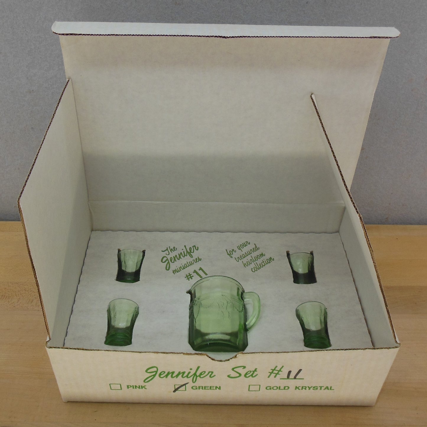 Mosser Green Glass The Jennifer Miniature Green 11 Pitcher Tumblers NOS