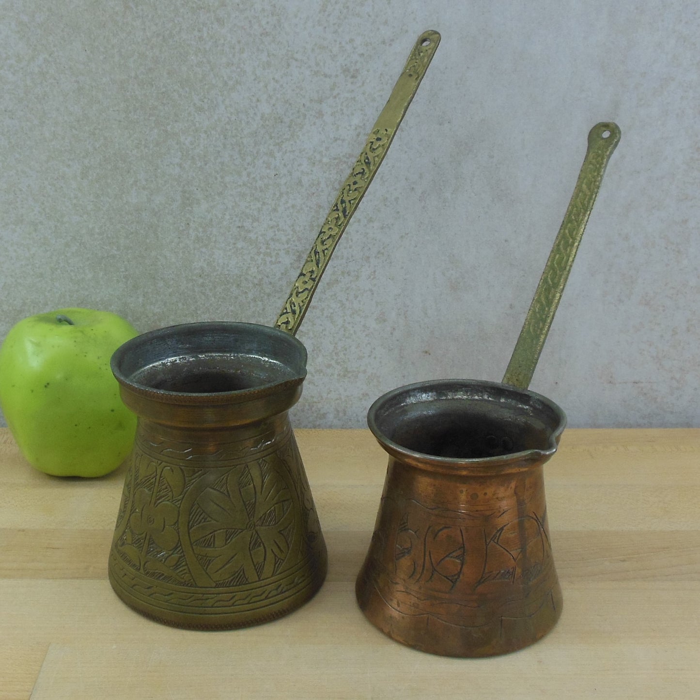 Ottoman Turkish Mehmed VI Signed Coffee Tea Cezve Pots Brass Copper Tin